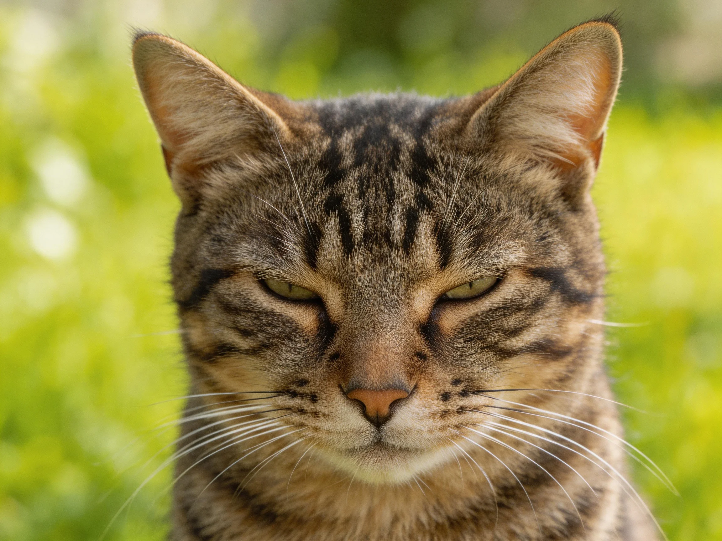 A tabby cat with green eyes rests peacefully among a blurred green outdoor backdrop.