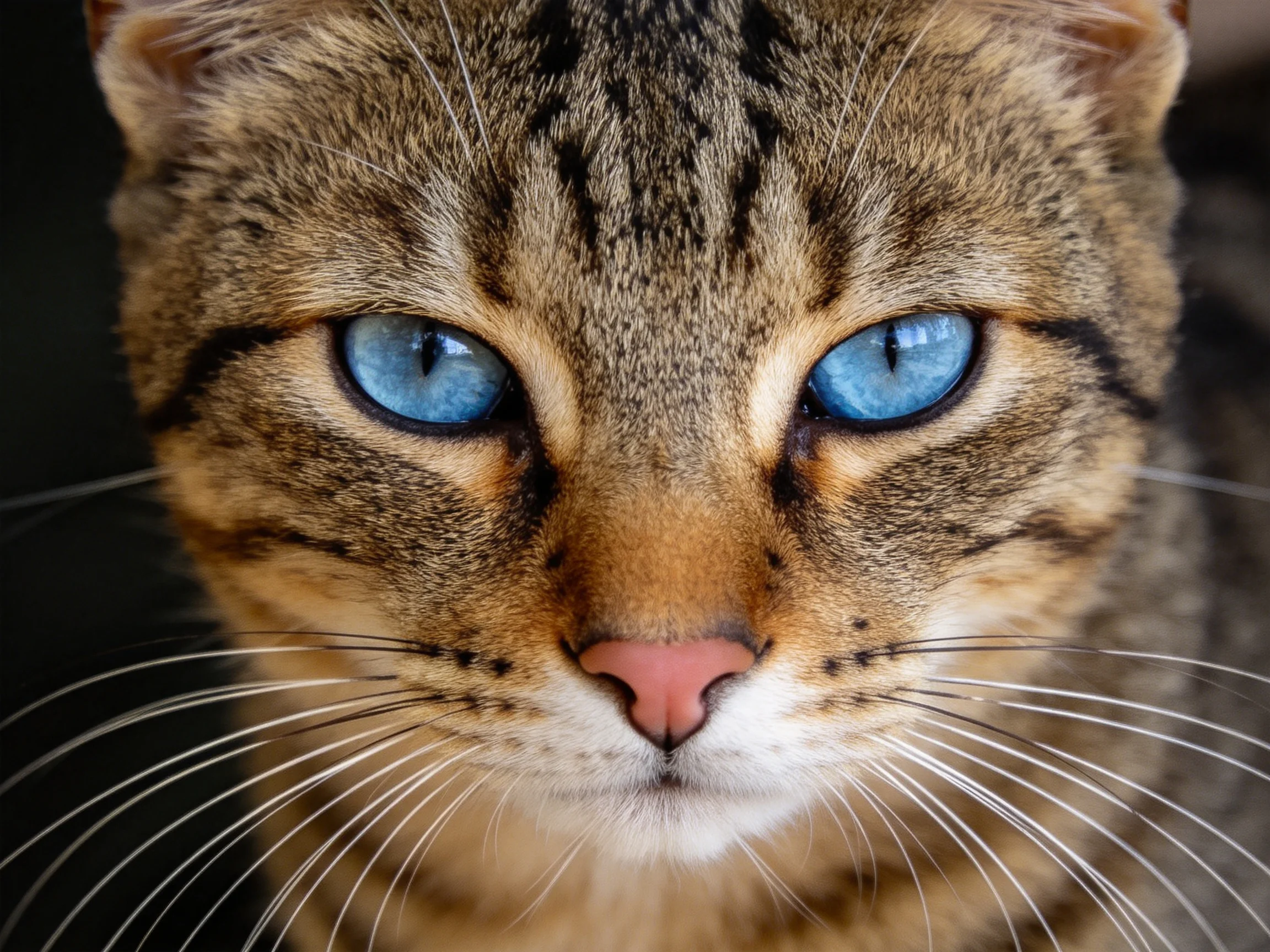 A tabby cat with bright blue eyes is shown in a close - up.