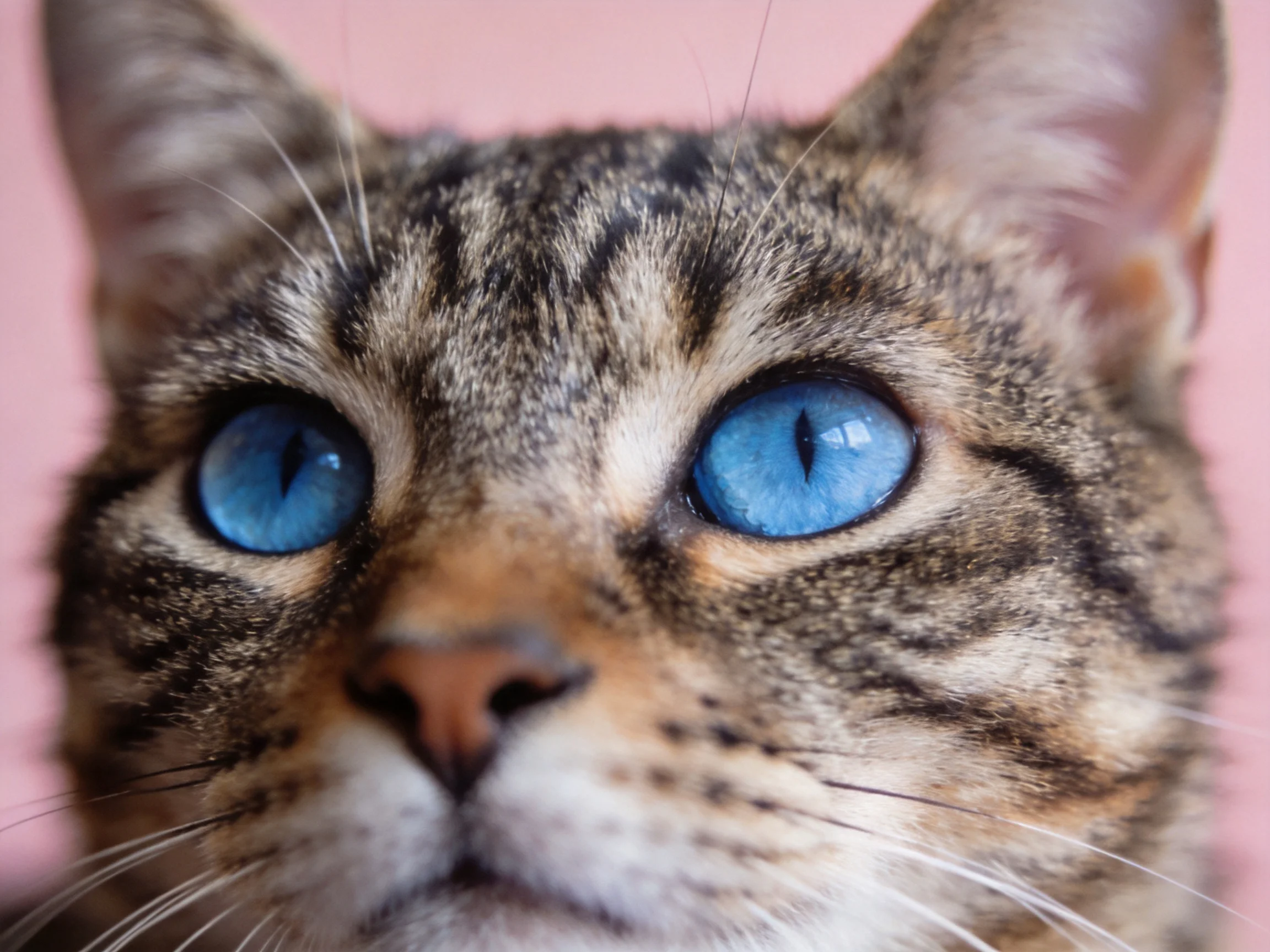 A close - up of a tabby cat with striking blue eyes on a soft pink background