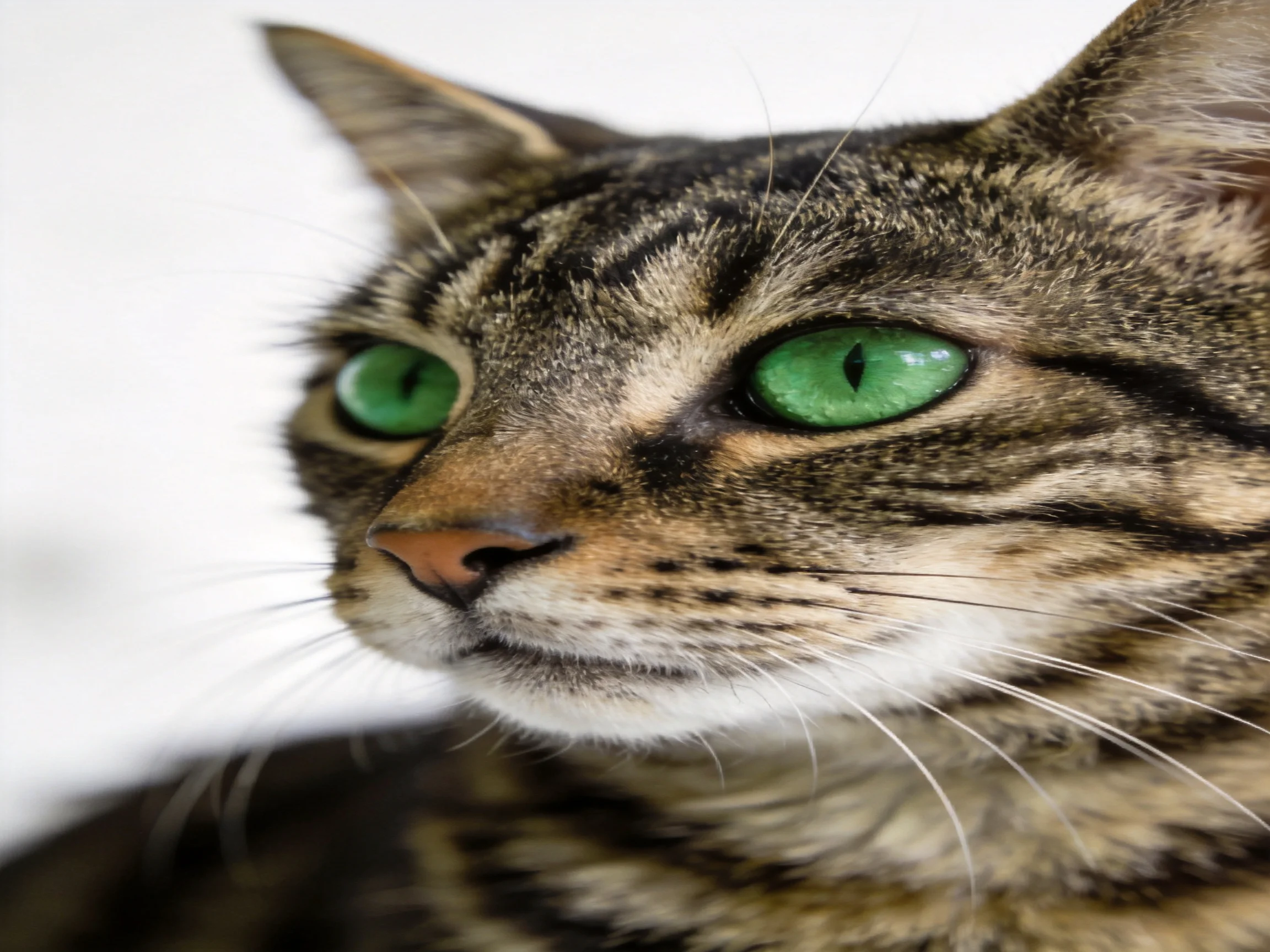 A tabby cat with bright green eyes is shown in detail.