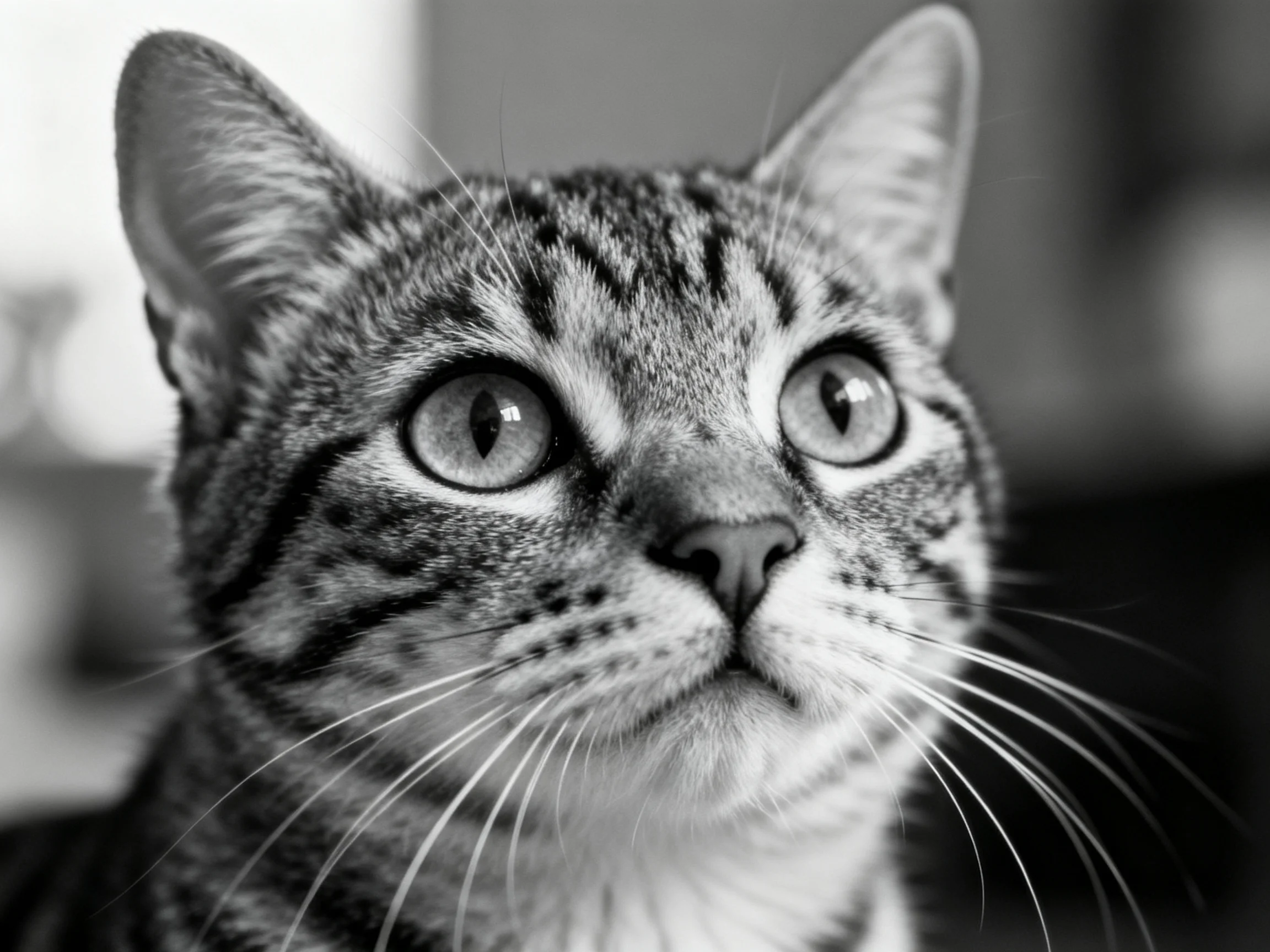 A close - up of a tabby cat with large eyes shown in black and white.