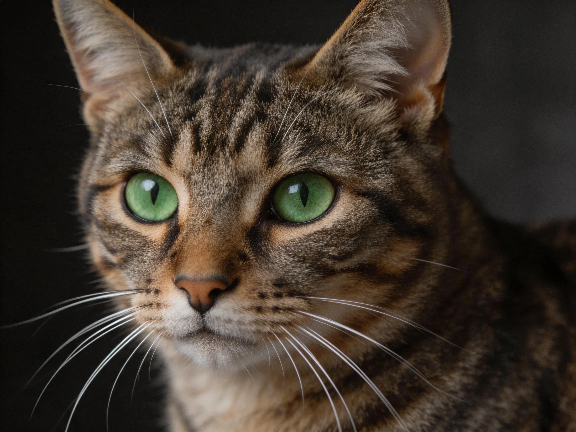 A tabby cat with bright green eyes is shown up close against a dark background.