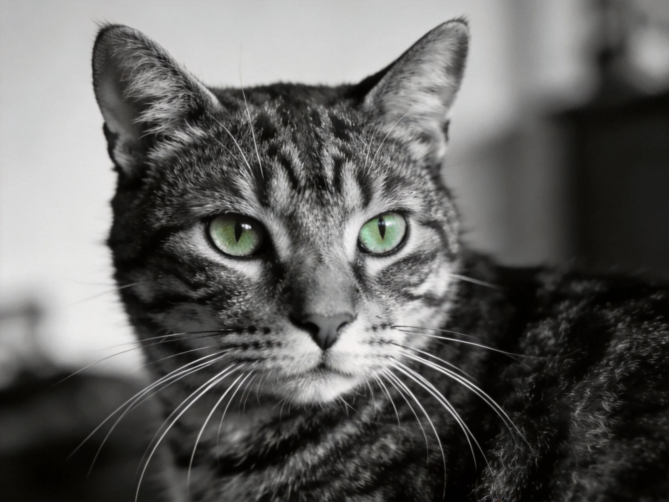 A monochrome photograph centers on a tabby cat with bright green eyes.