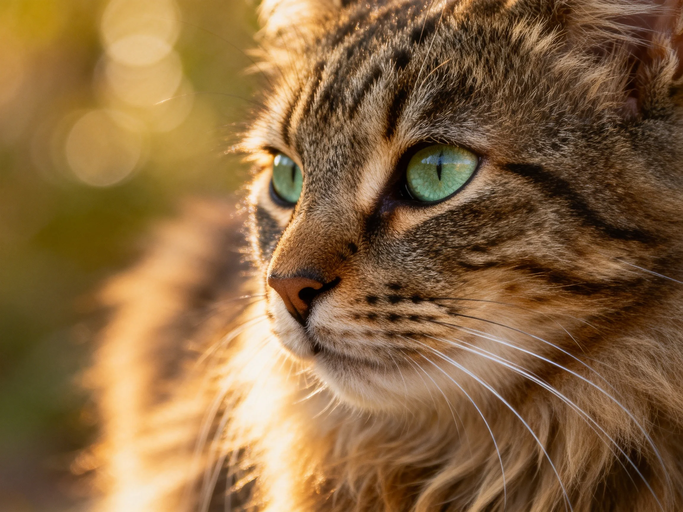 A close - up of a tabby cat with striking green eyes in soft golden light