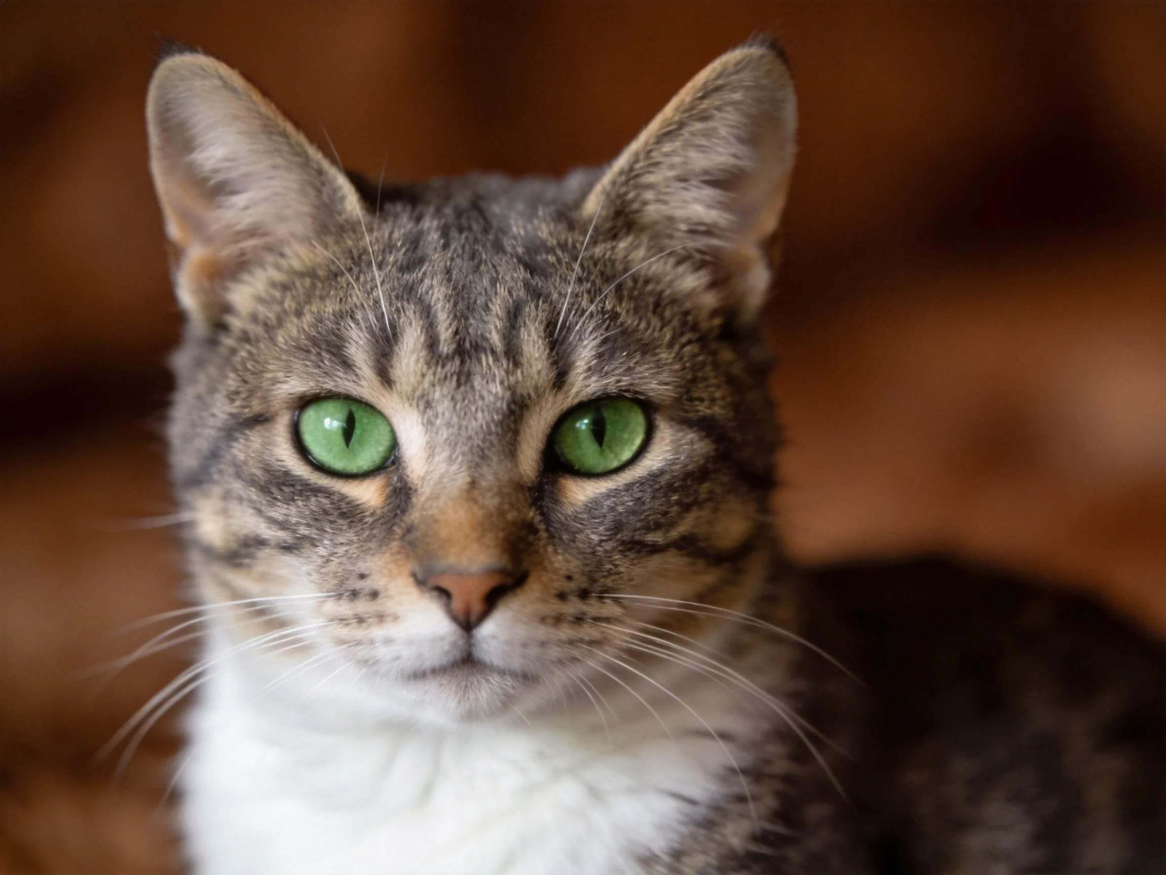 A tabby cat with bright green eyes stares directly into the camera.
