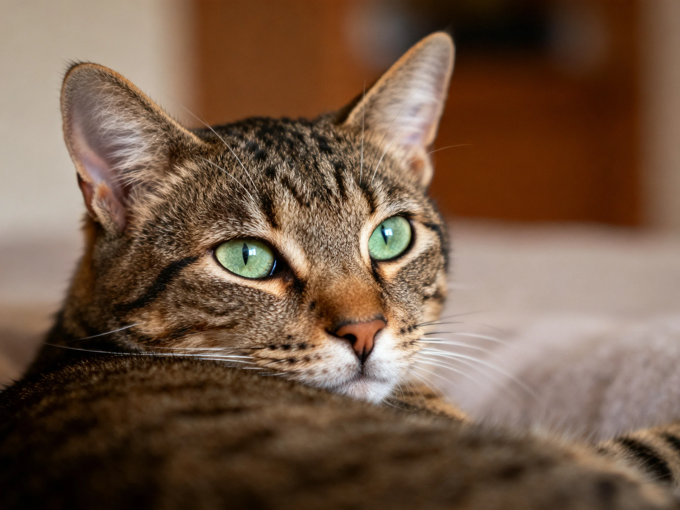 A tabby cat with bright green eyes rests in a softly lit indoor area.