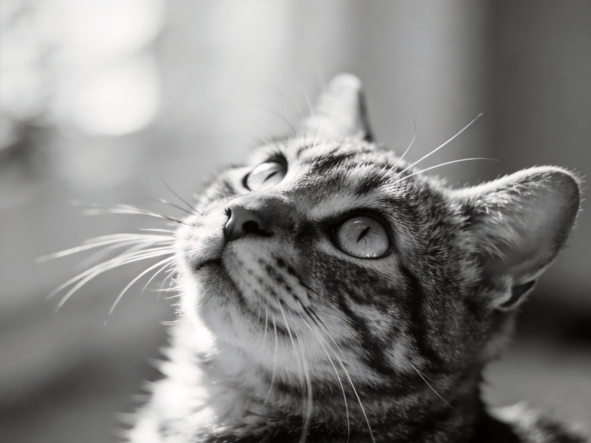 A tabby cat gazes upward in a black and white photograph.