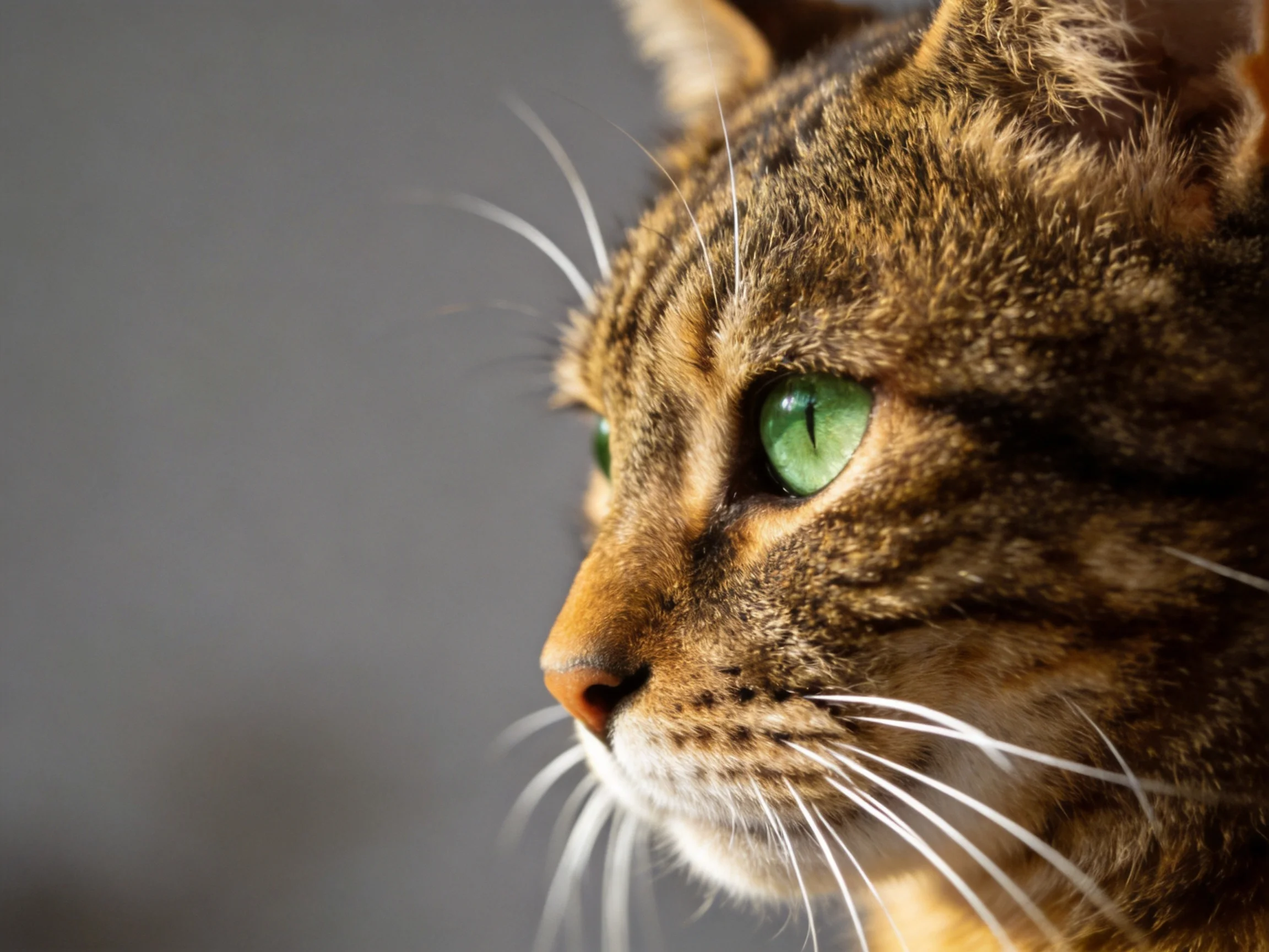 A close - up profile of a tabby cat with striking green eyes.
