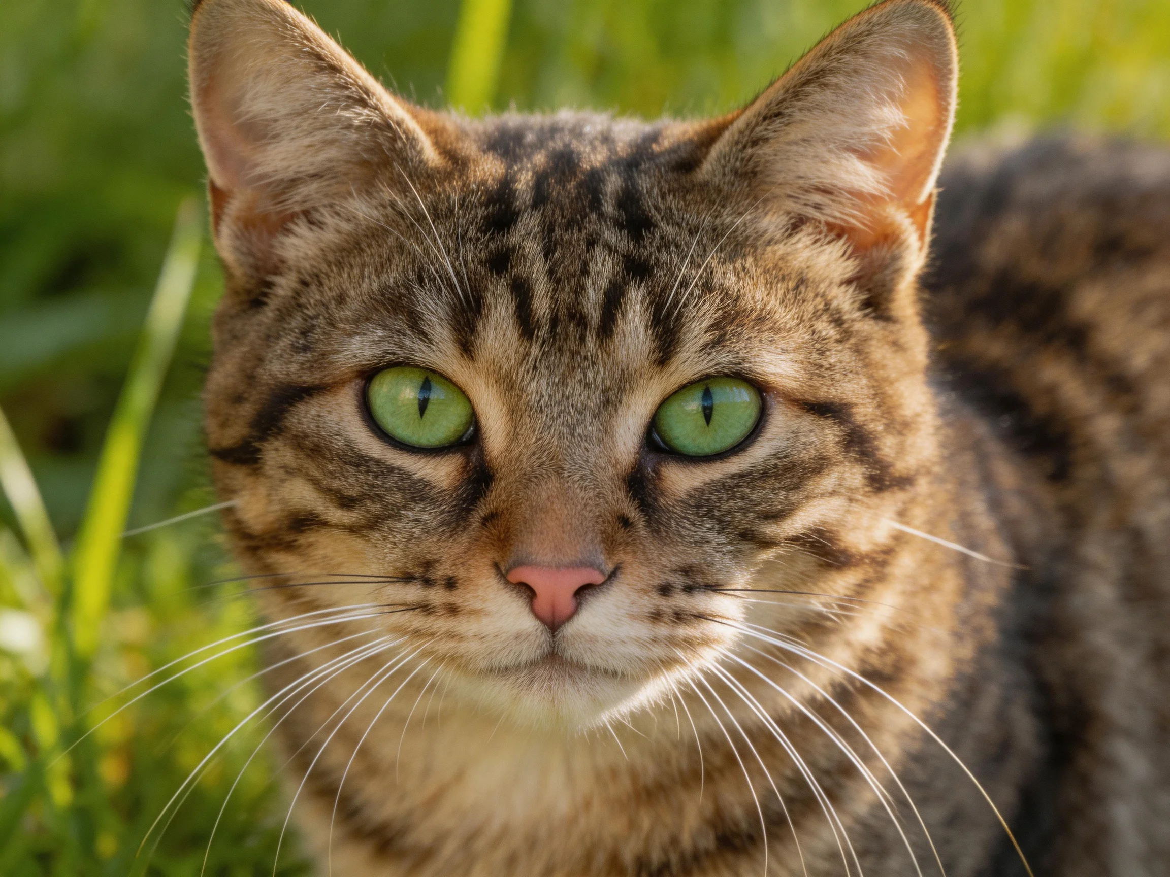 A tabby cat with striking green eyes rests amid green foliage.