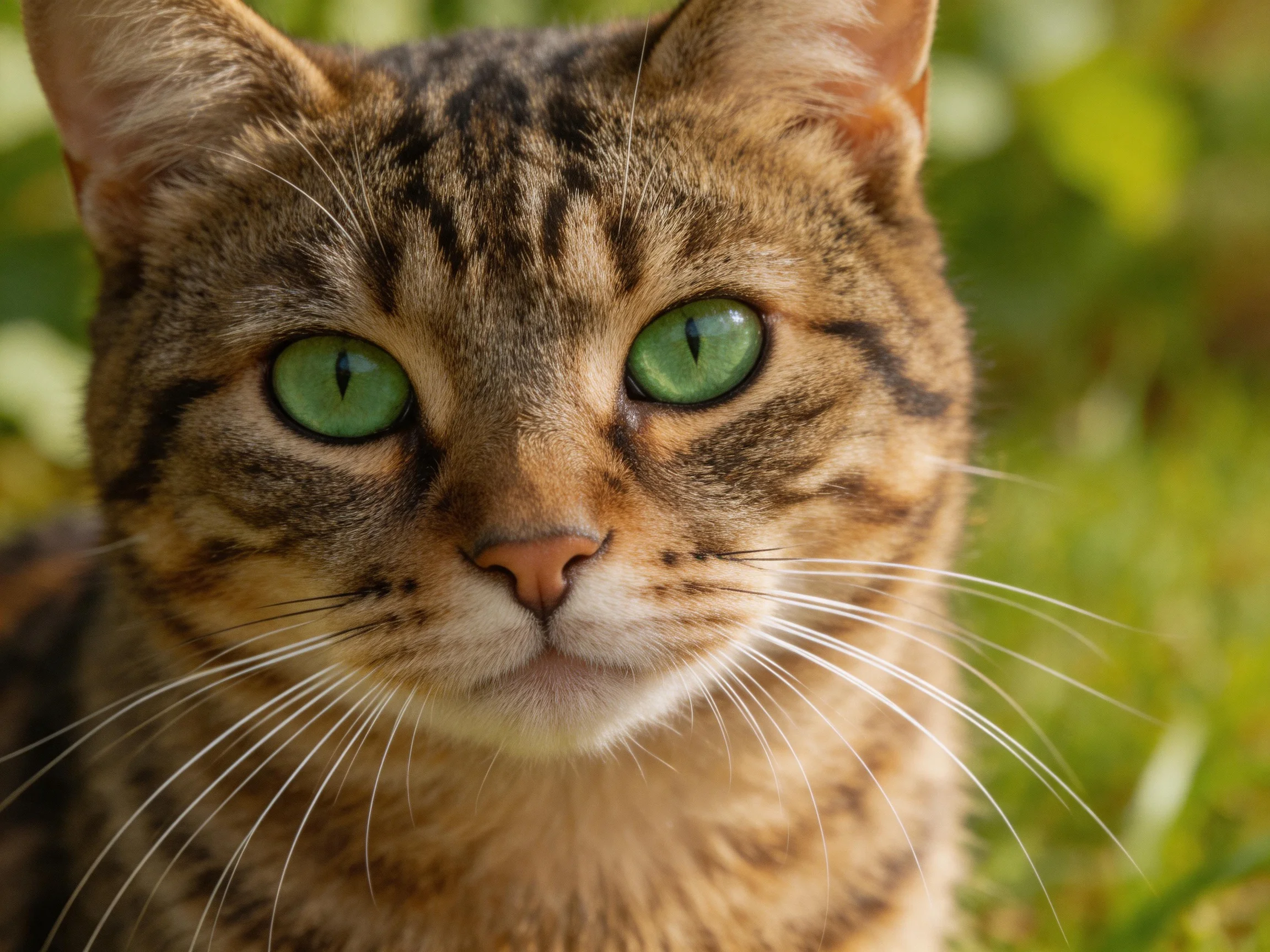 A tabby cat with bright green eyes is photographed up close in an outdoor area.