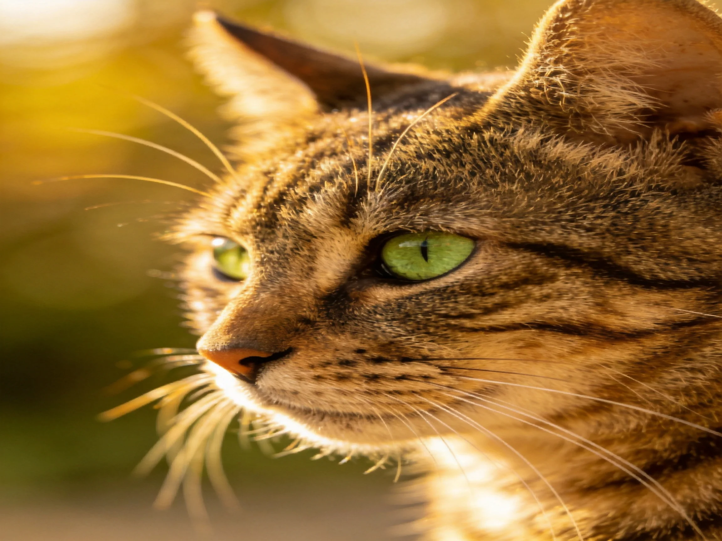 A tabby cat with green eyes is shown in a warm, detailed close - up photograph.