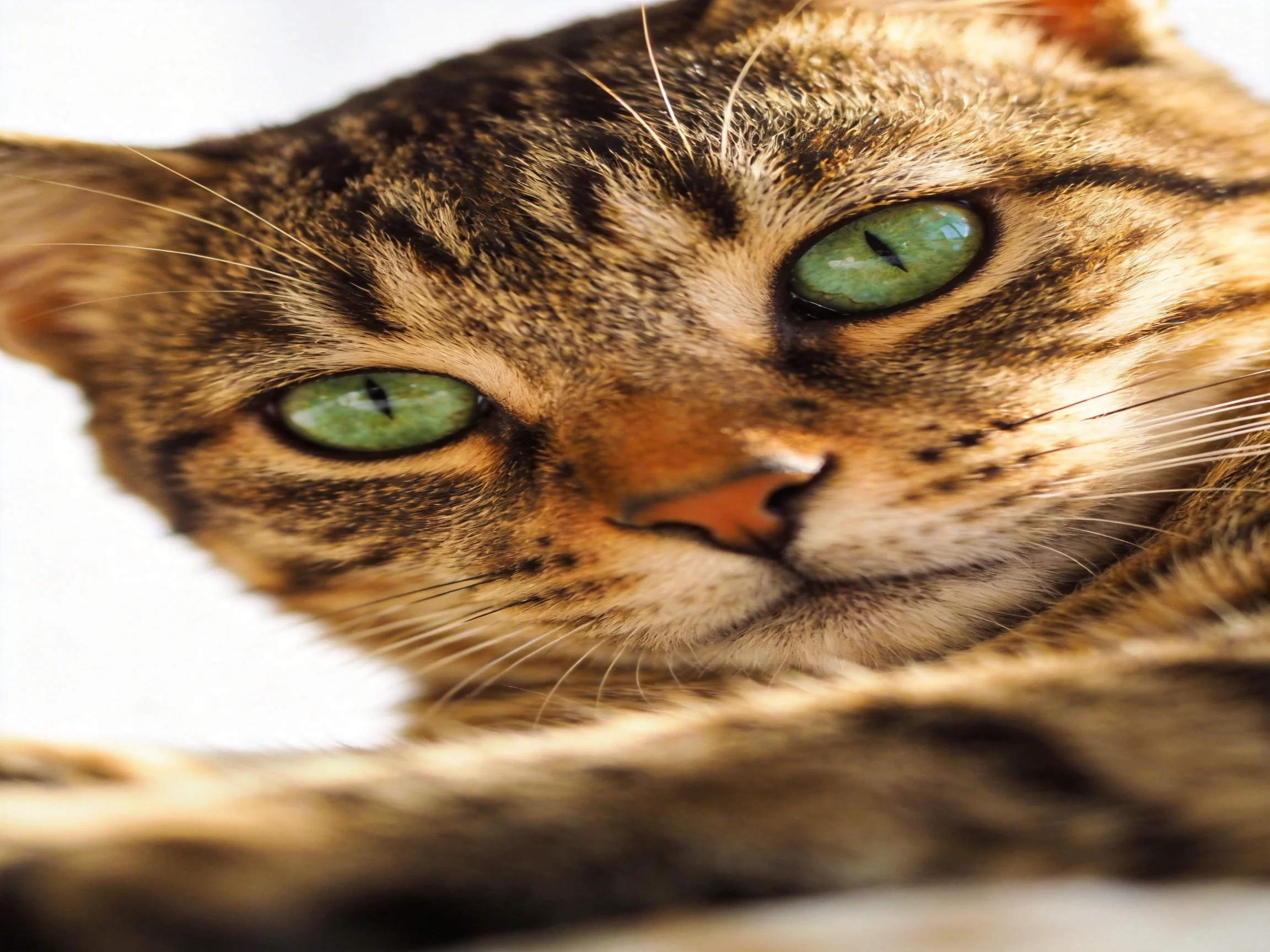 A tabby cat with green eyes rests closely, showcasing its facial details.
