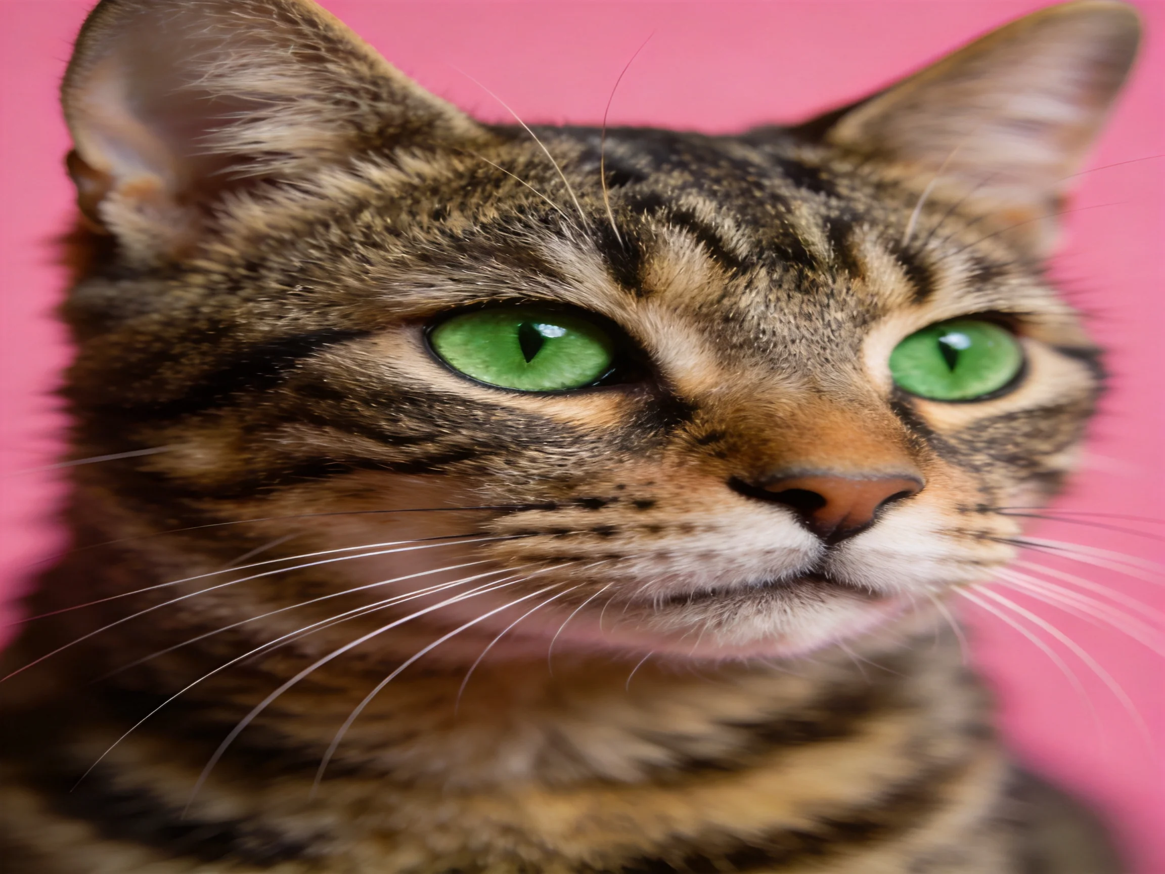A close - up of a tabby cat with green eyes is displayed against a pink background.