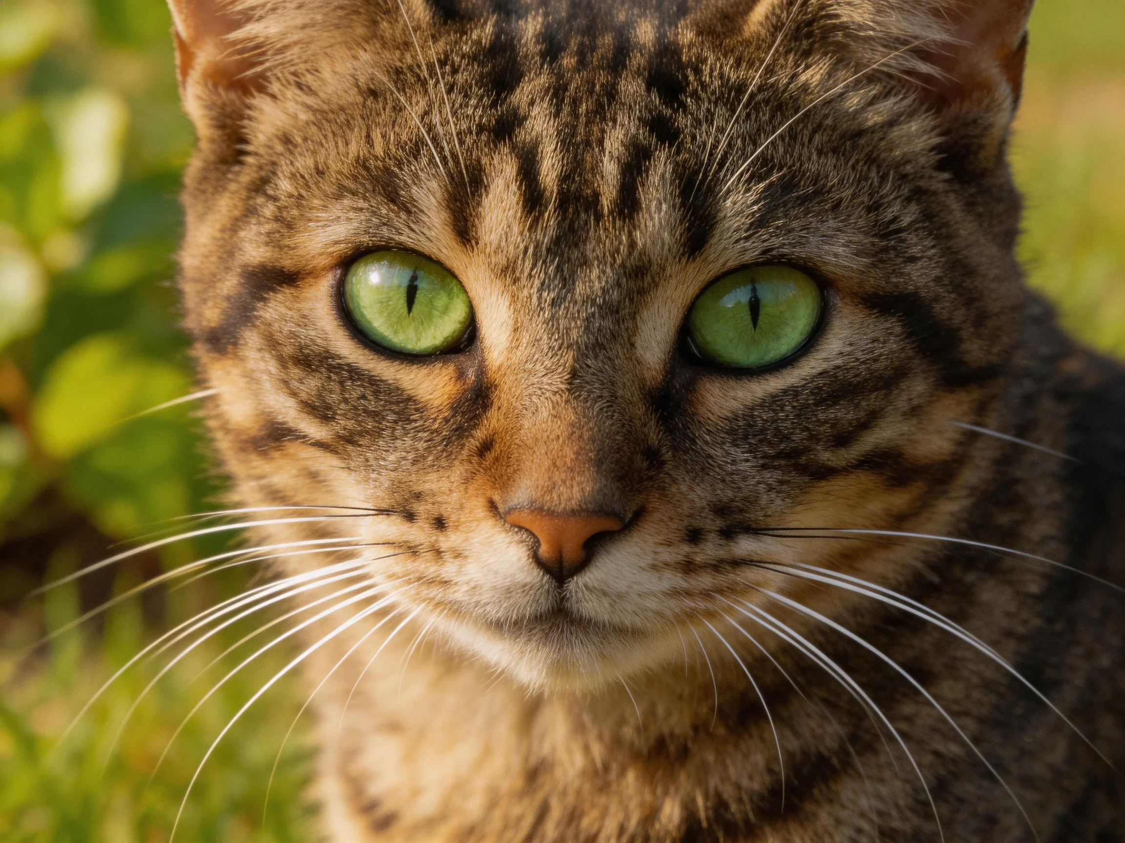 A tabby cat with bright green eyes is shown up close in an outdoor setting.