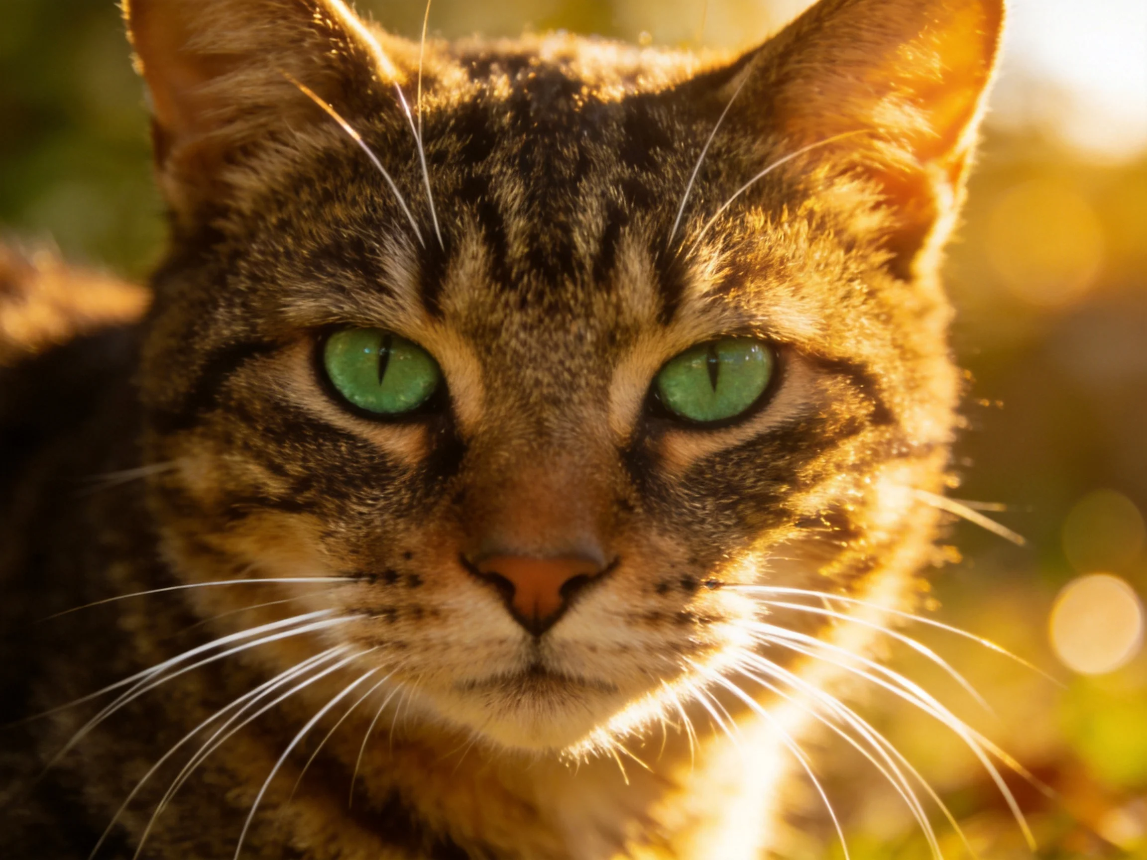 A tabby cat with vivid green eyes is shown up close in a sunlit scene.