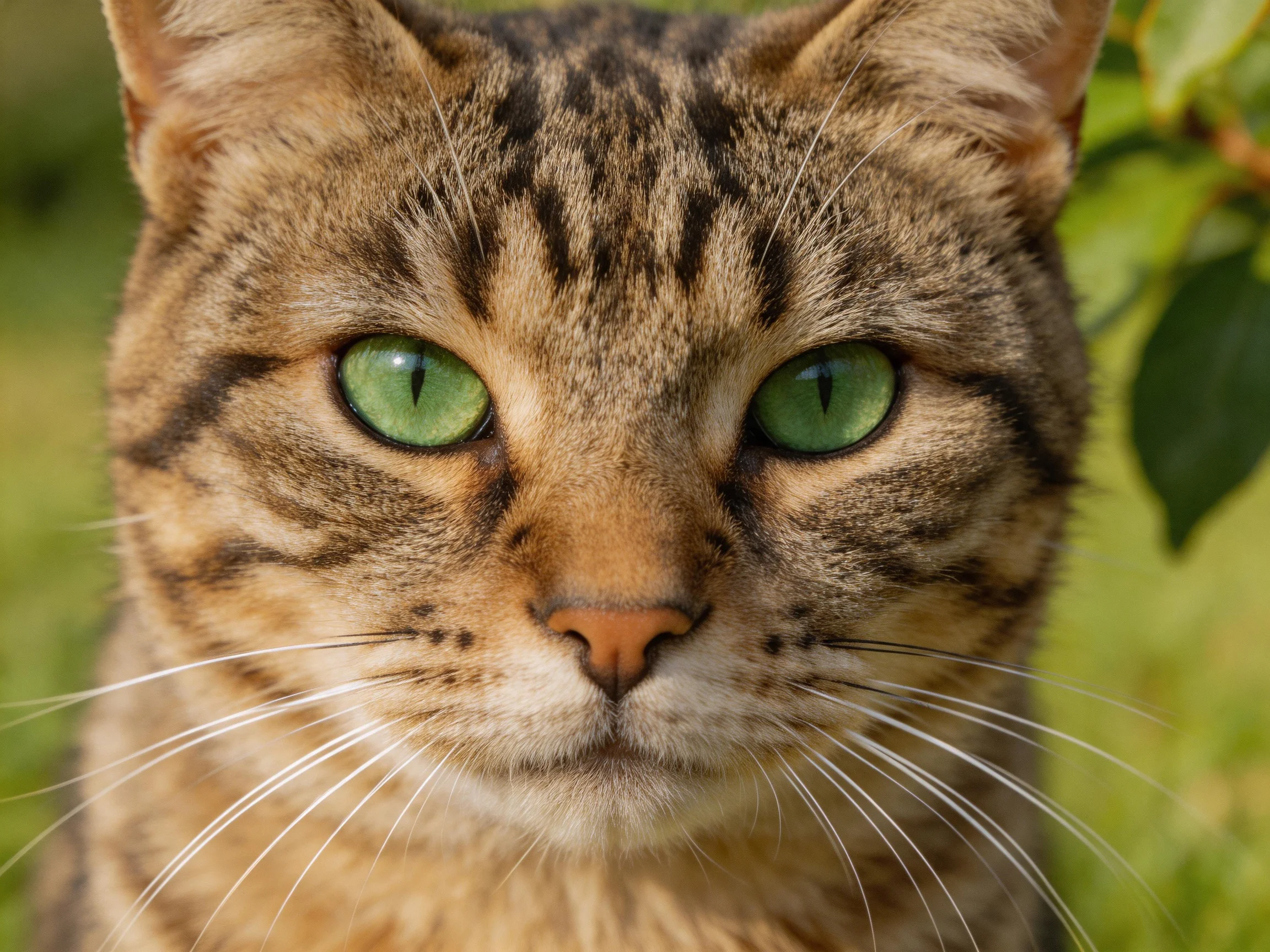 A close - up of a tabby cat with green eyes is shown outdoors.