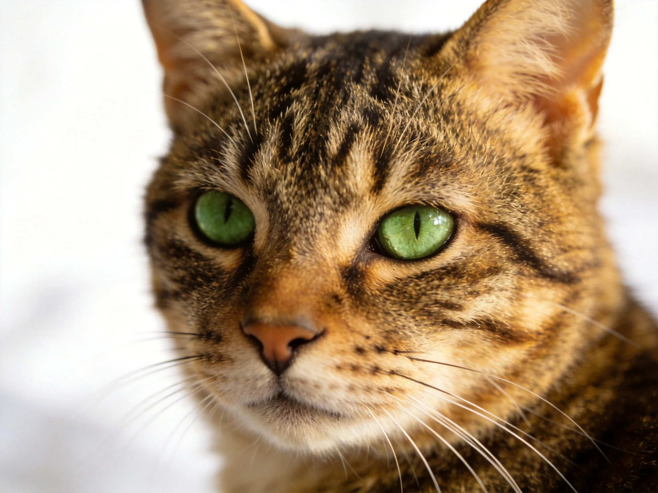A tabby cat with bright green eyes is shown in a close - up.