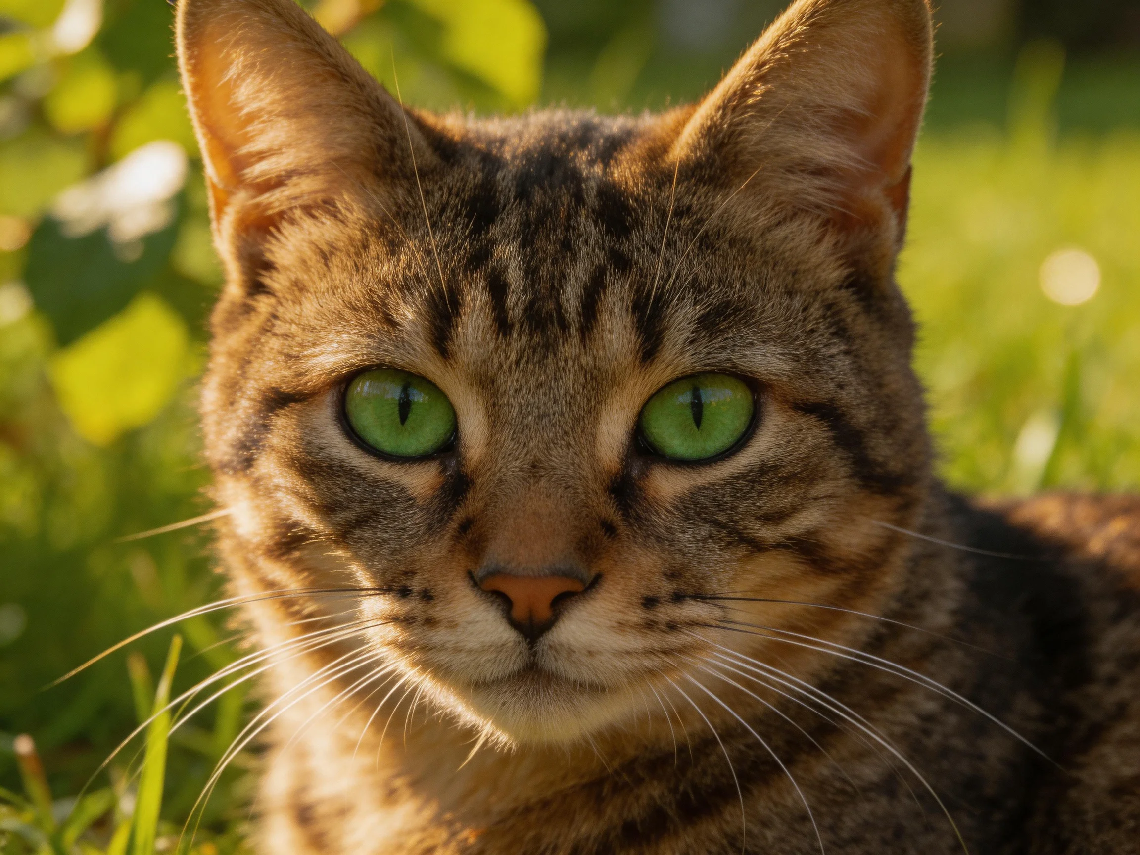A tabby cat with bright green eyes rests in a sunlit outdoor space surrounded by greenery.