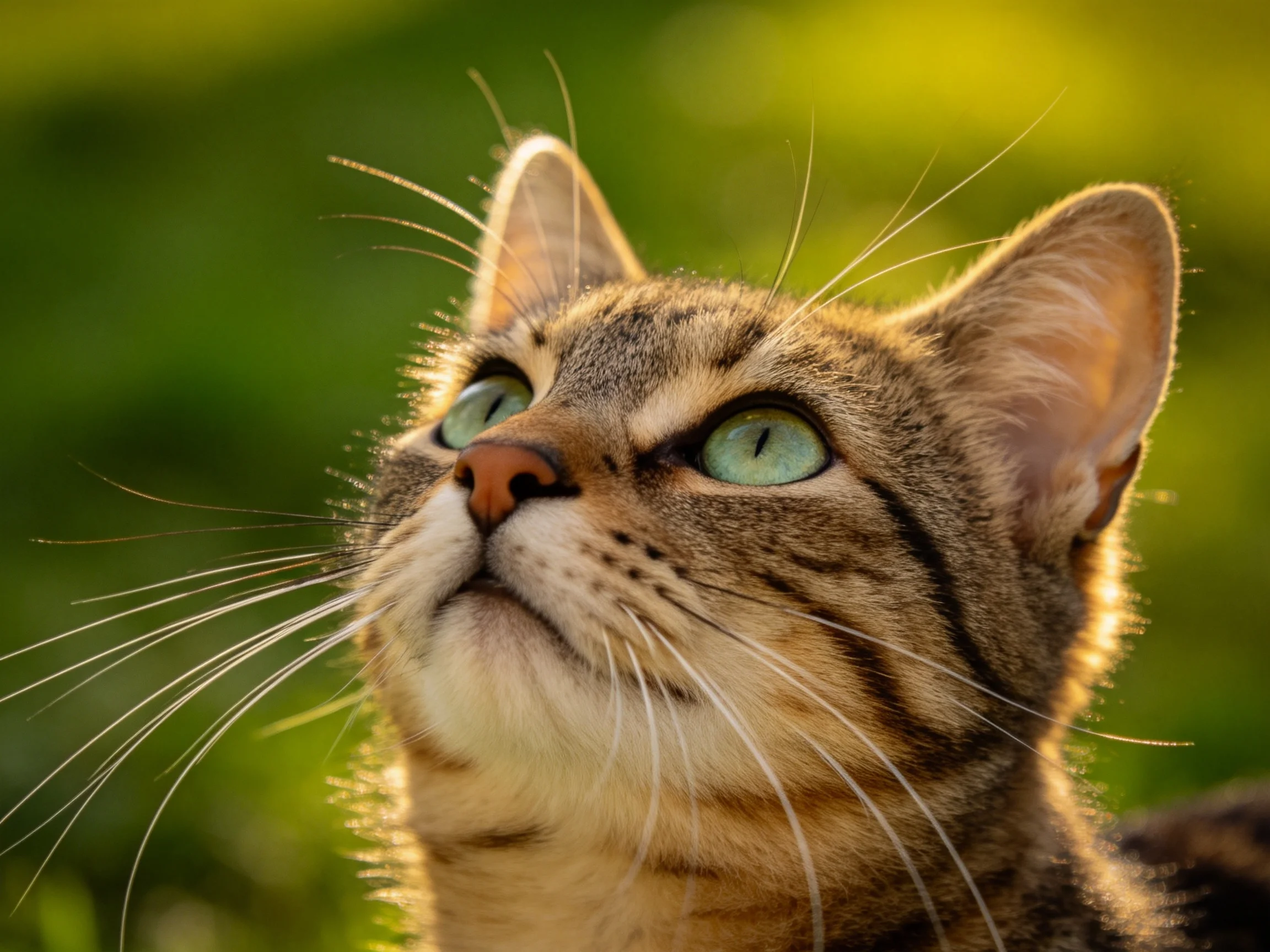 A close - up of a tabby cat with bright green eyes looking upward in a sunlit area.