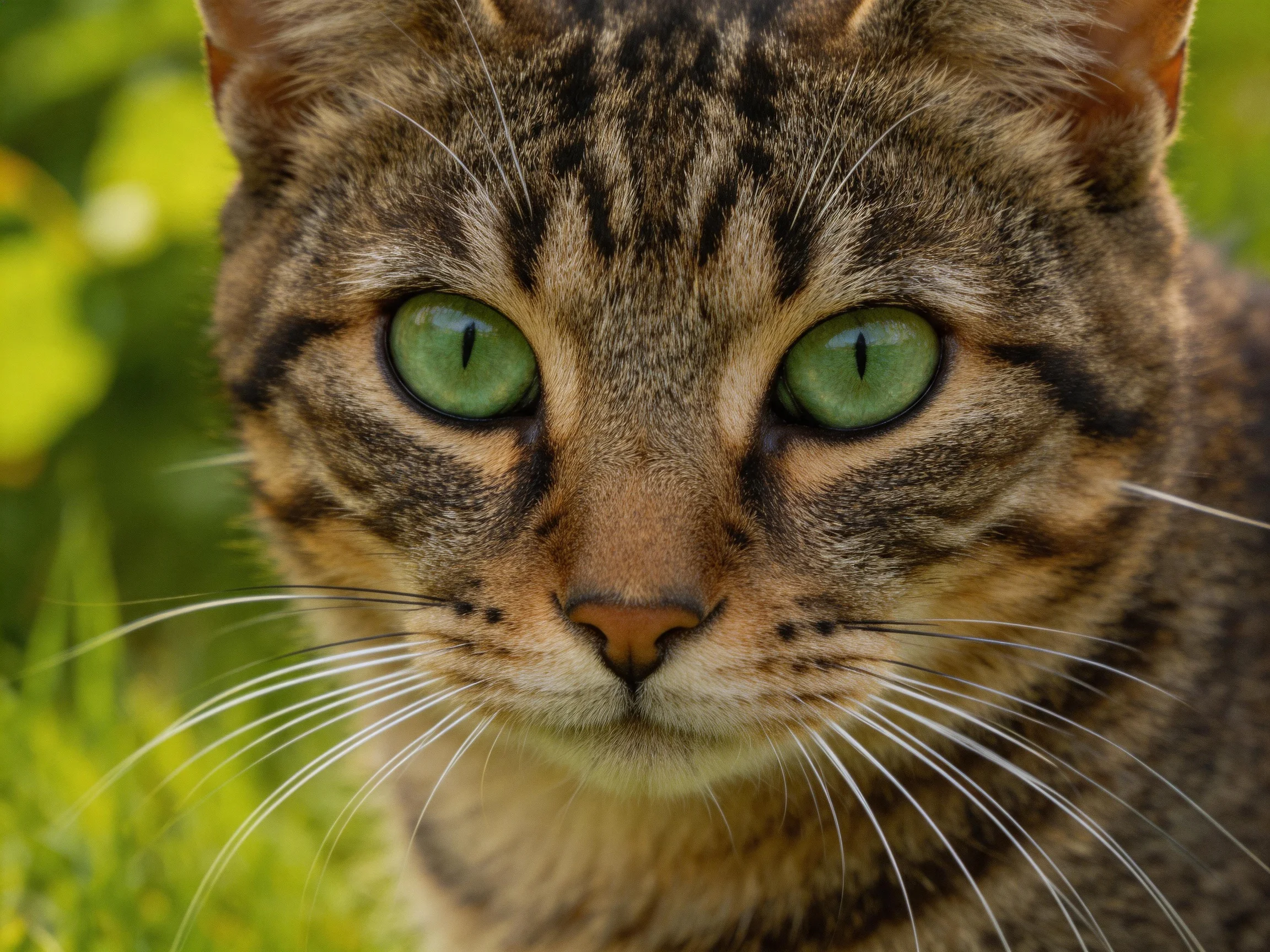 A close - up shows a tabby cat with green eyes in an outdoor setting.