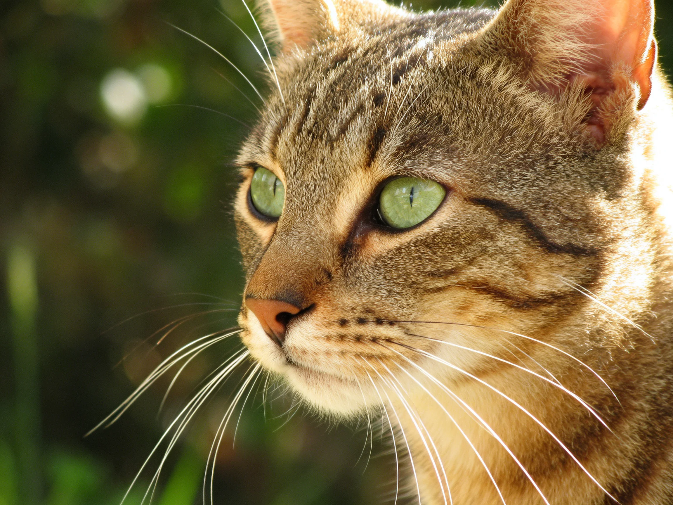 A tabby cat with green eyes is shown in a close - up photograph.