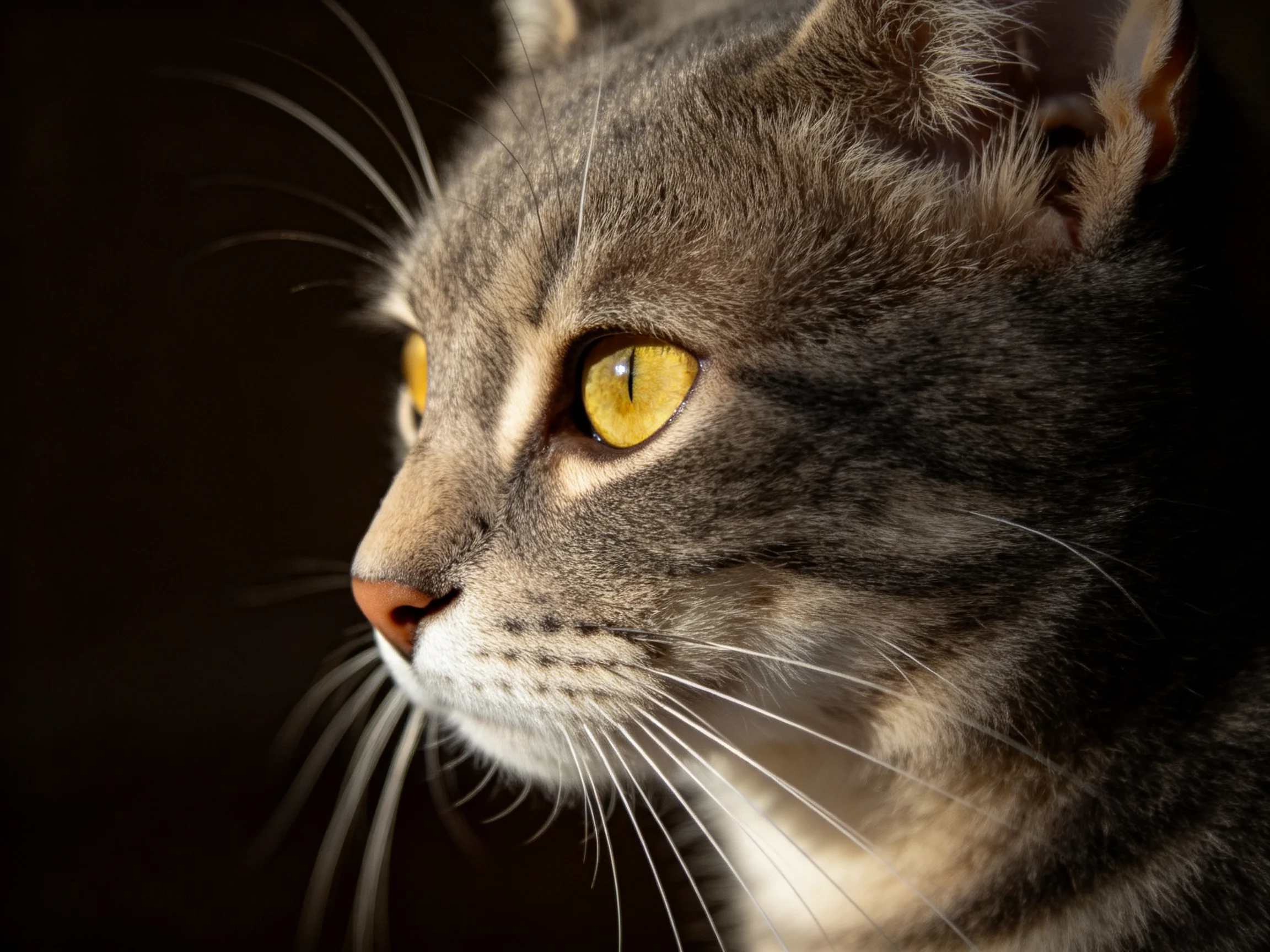 A close - up of a tabby cat’s face with bright yellow eyes against a dark backdrop.
