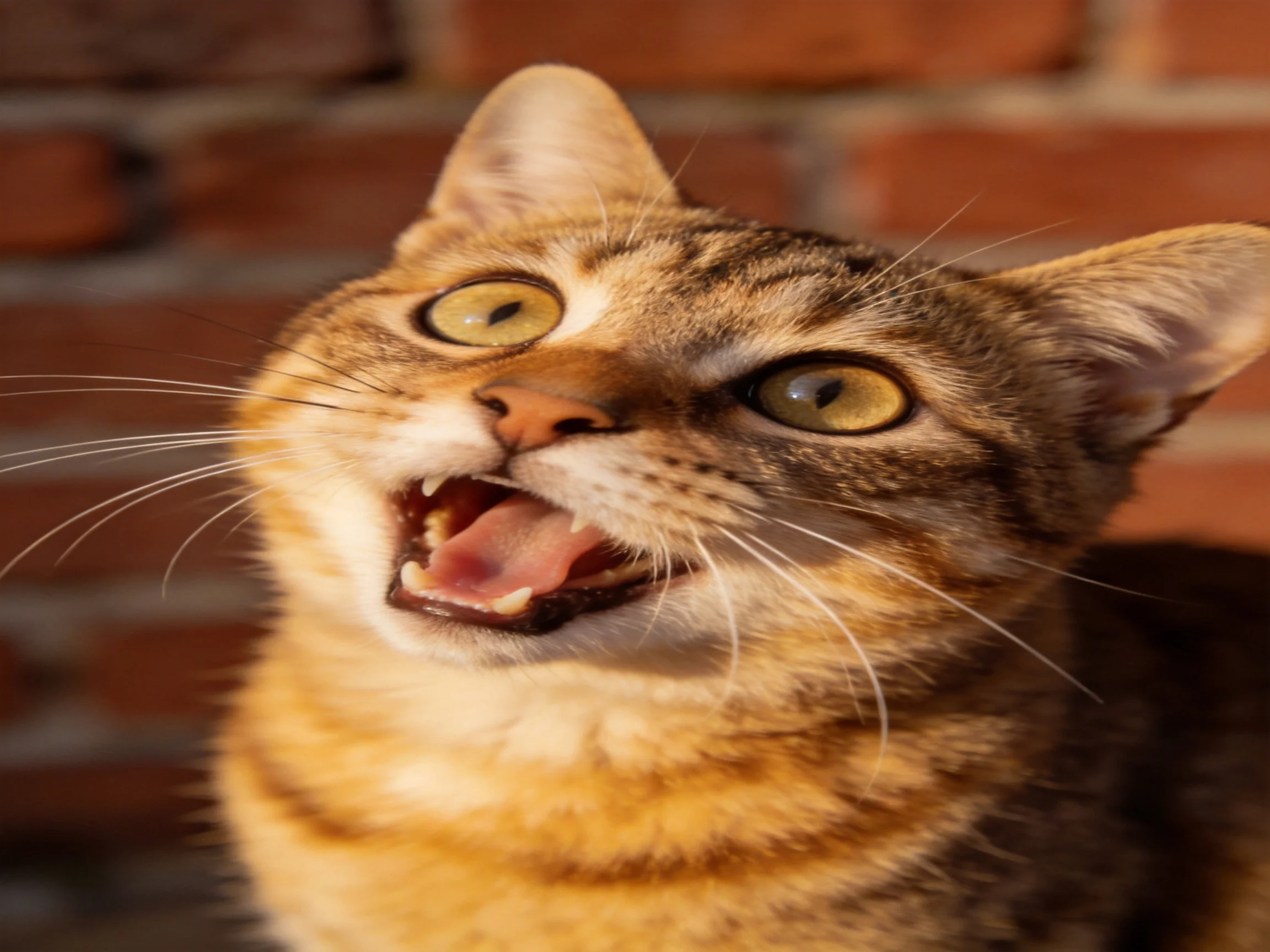 A tabby cat with an open mouth stands before a red brick wall.