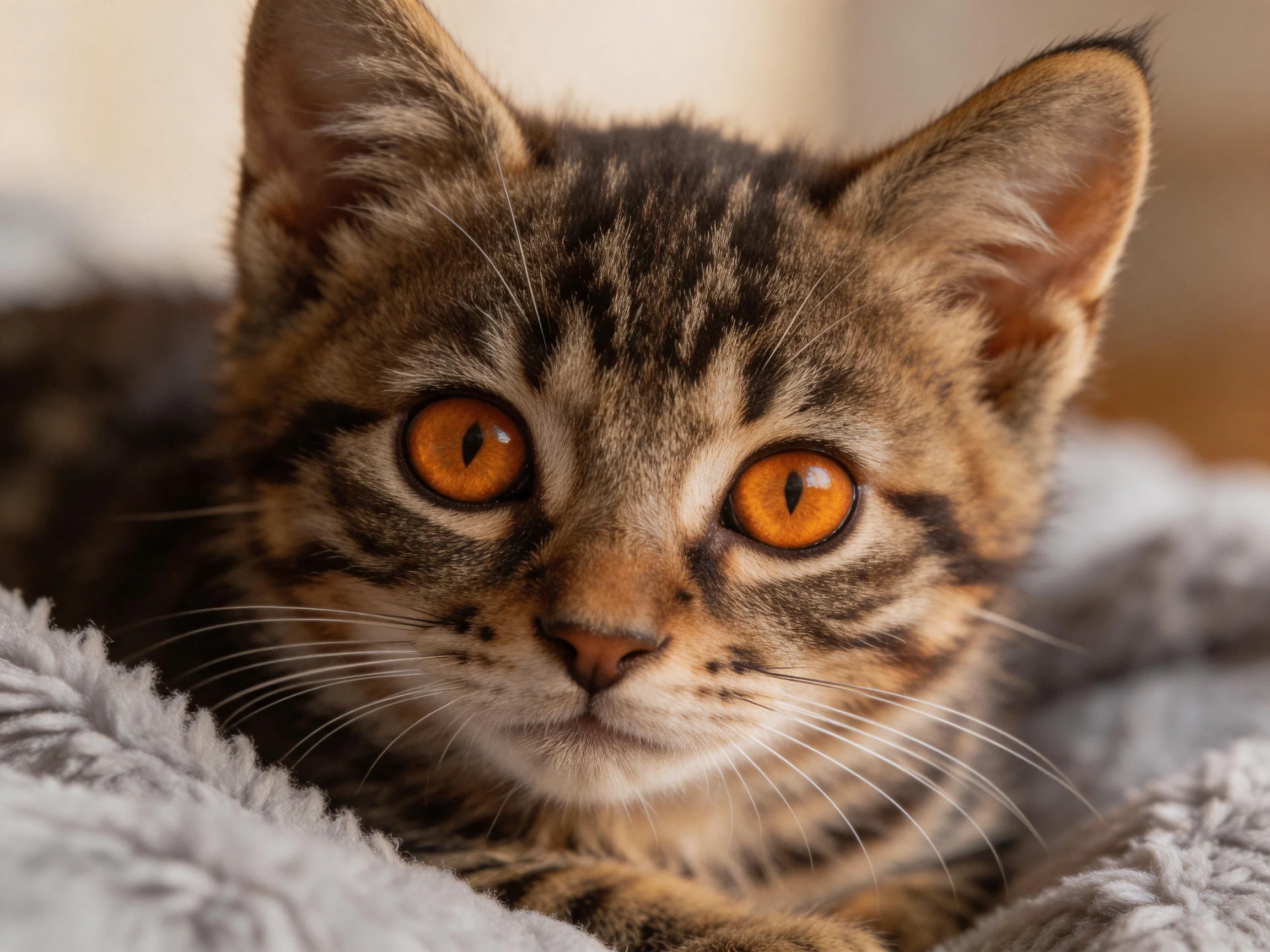 A tabby kitten with amber eyes rests comfortably on a soft gray fabric.