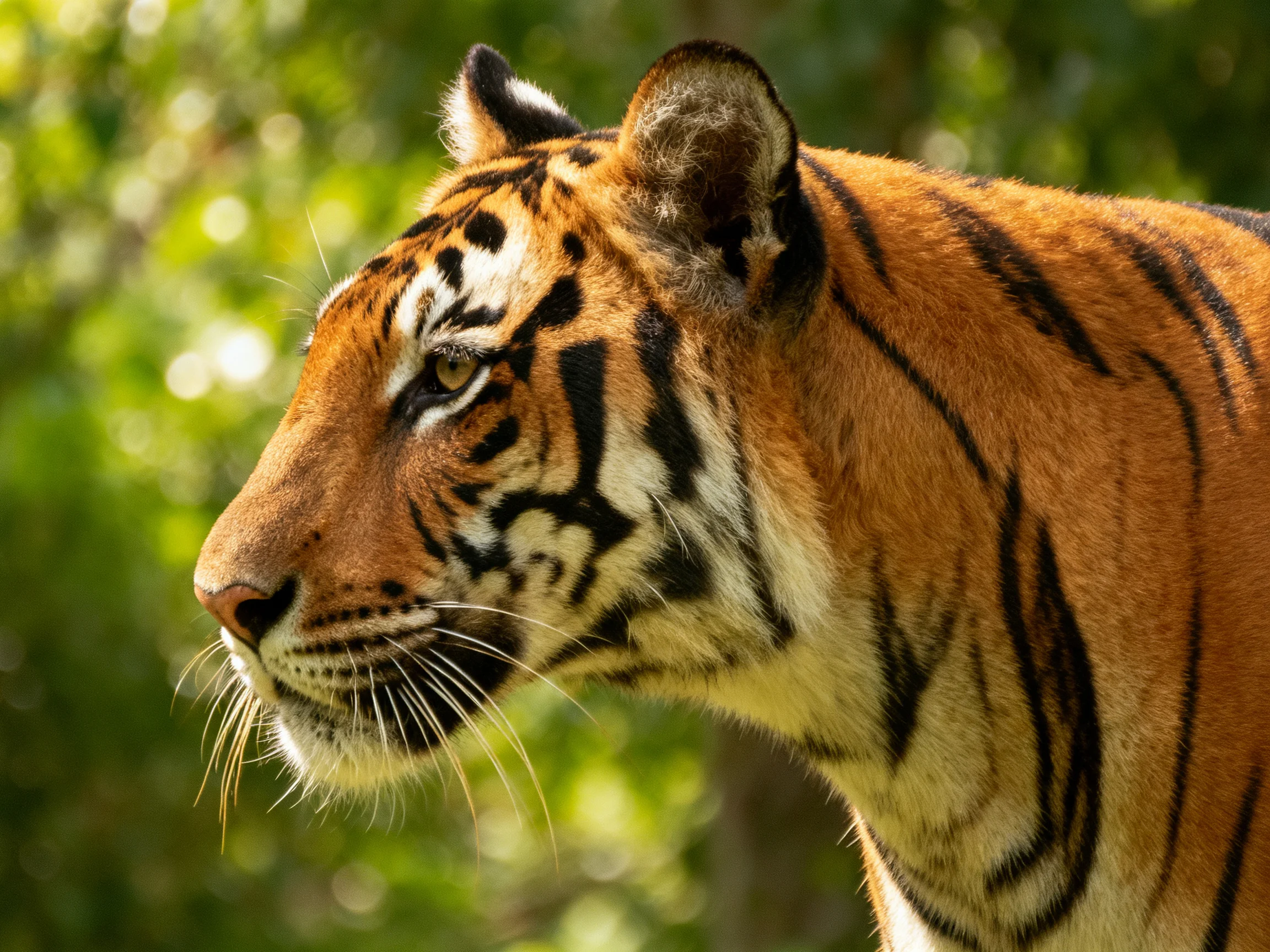 A close - up of a tiger with striking orange fur and black stripes in a sunlit environment.