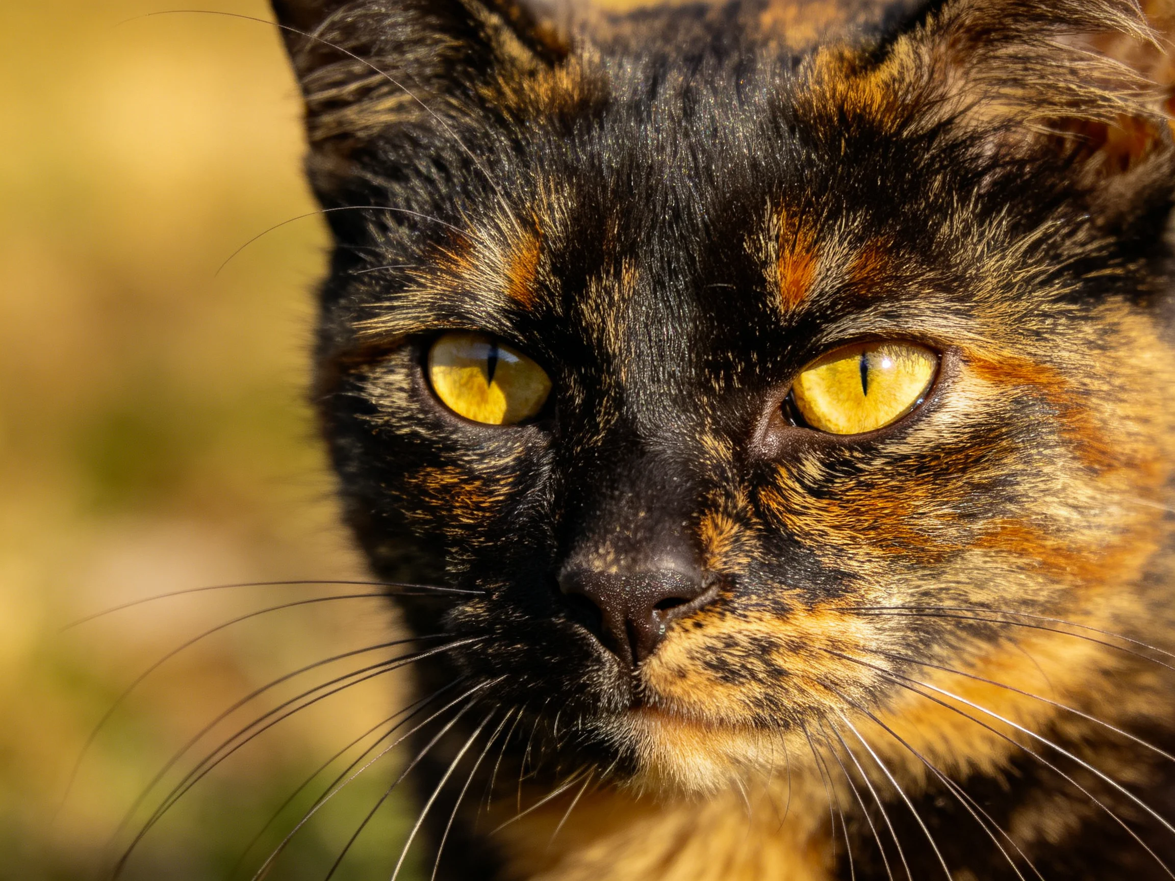 A tortoiseshell cat with black, orange, and brown fur gazes intently.