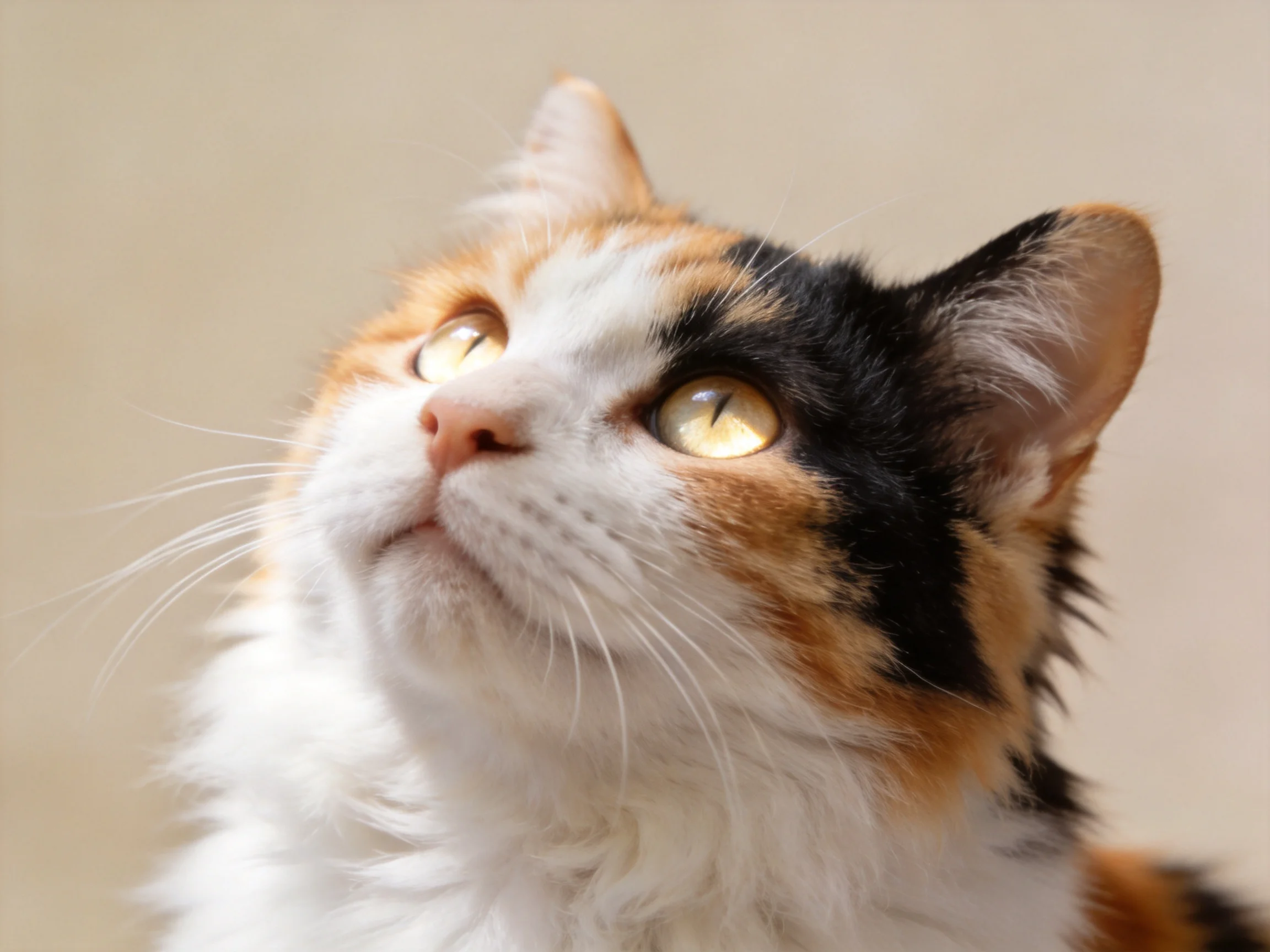A close - up of a tricolor calico cat gazing upward with bright eyes