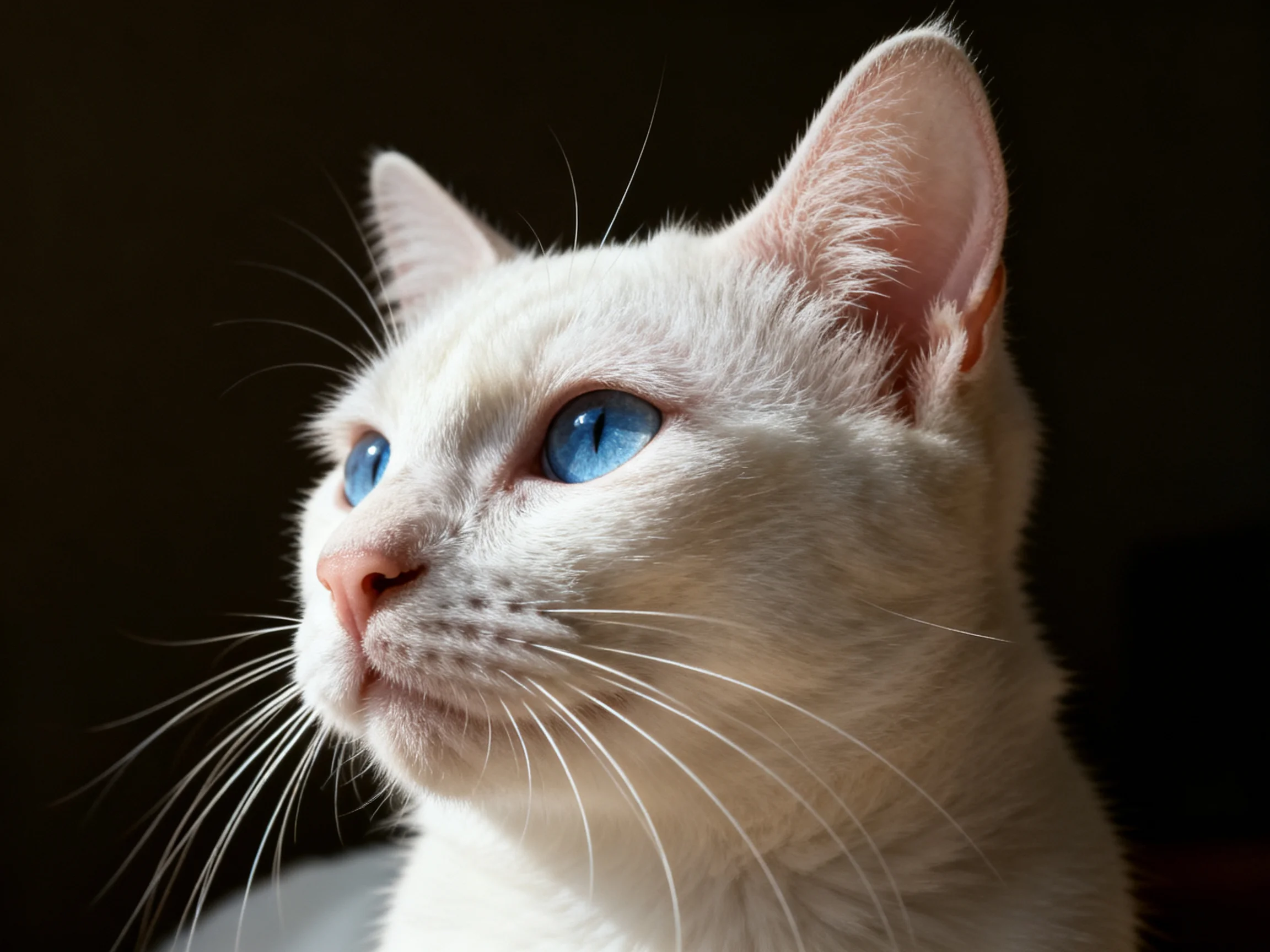 A white cat with bright blue eyes gazes attentively into the distance.