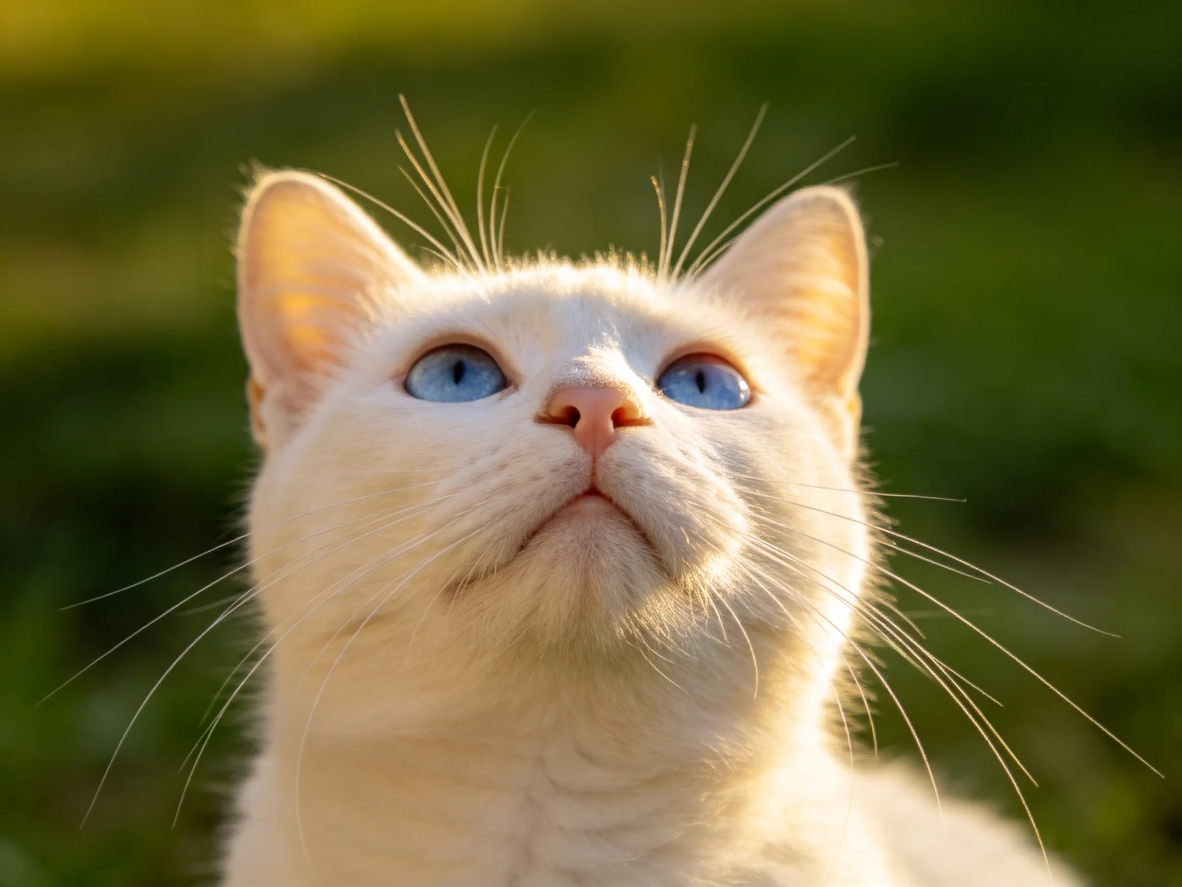 A white cat with blue eyes gazes upward in a sunlit outdoor scene.