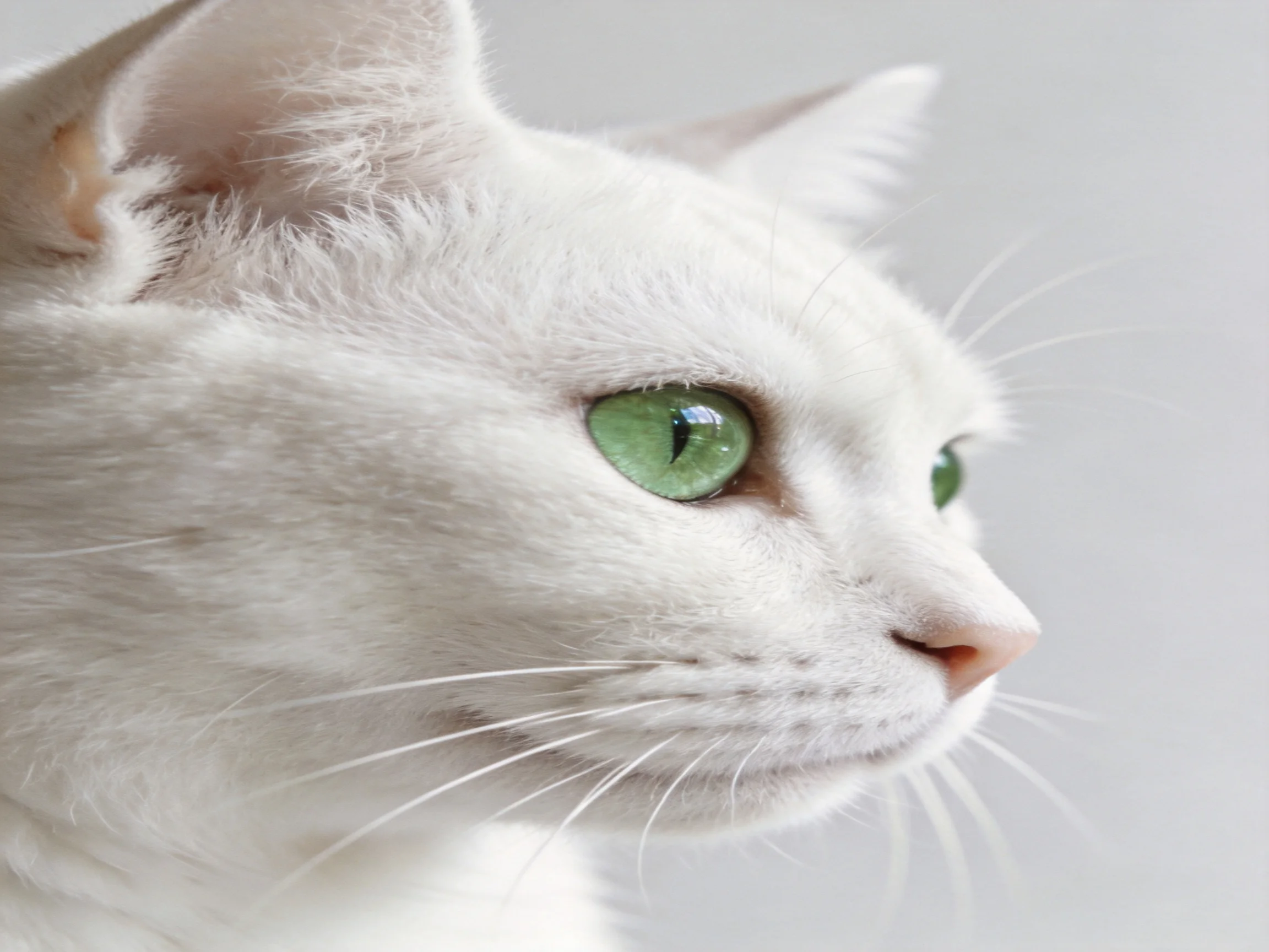 A close - up photo of a white cat with green eyes.