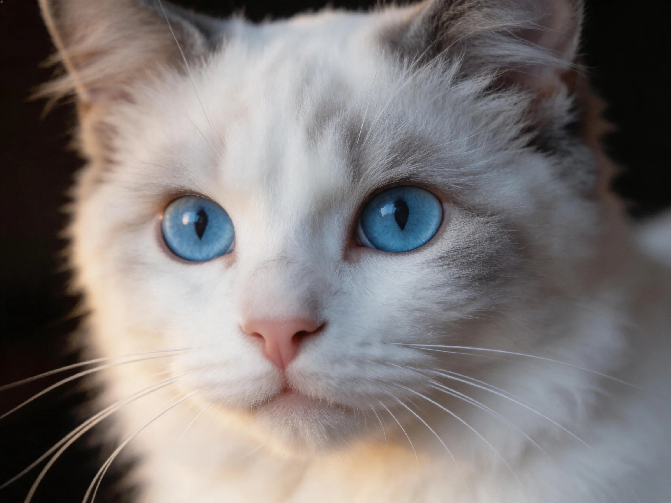A close - up of a white cat with striking blue eyes against a dark backdrop