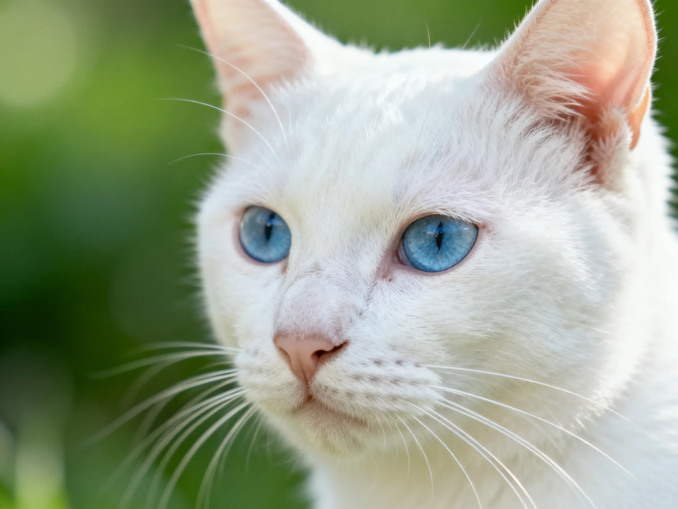A white cat with bright blue eyes is shown up close near greenery.