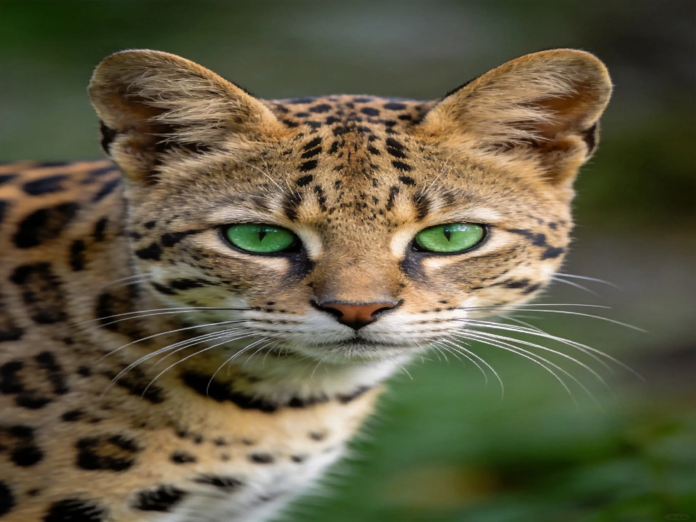 A wild cat with vivid green eyes and spotted fur is shown up close.