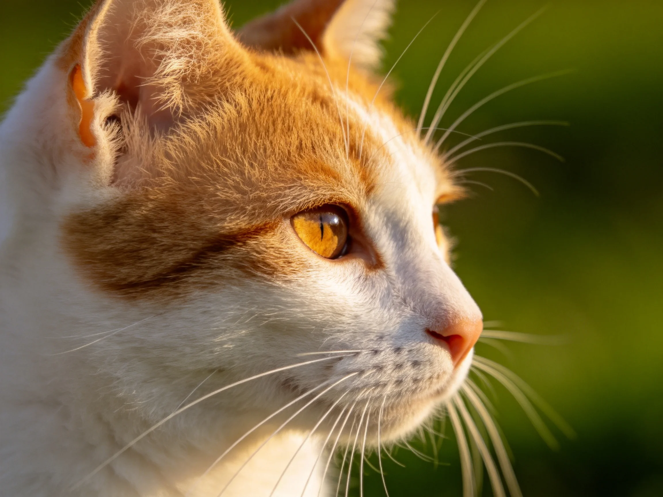 A close - up of an orange - and - white cat with golden eyes against a blurred green background.