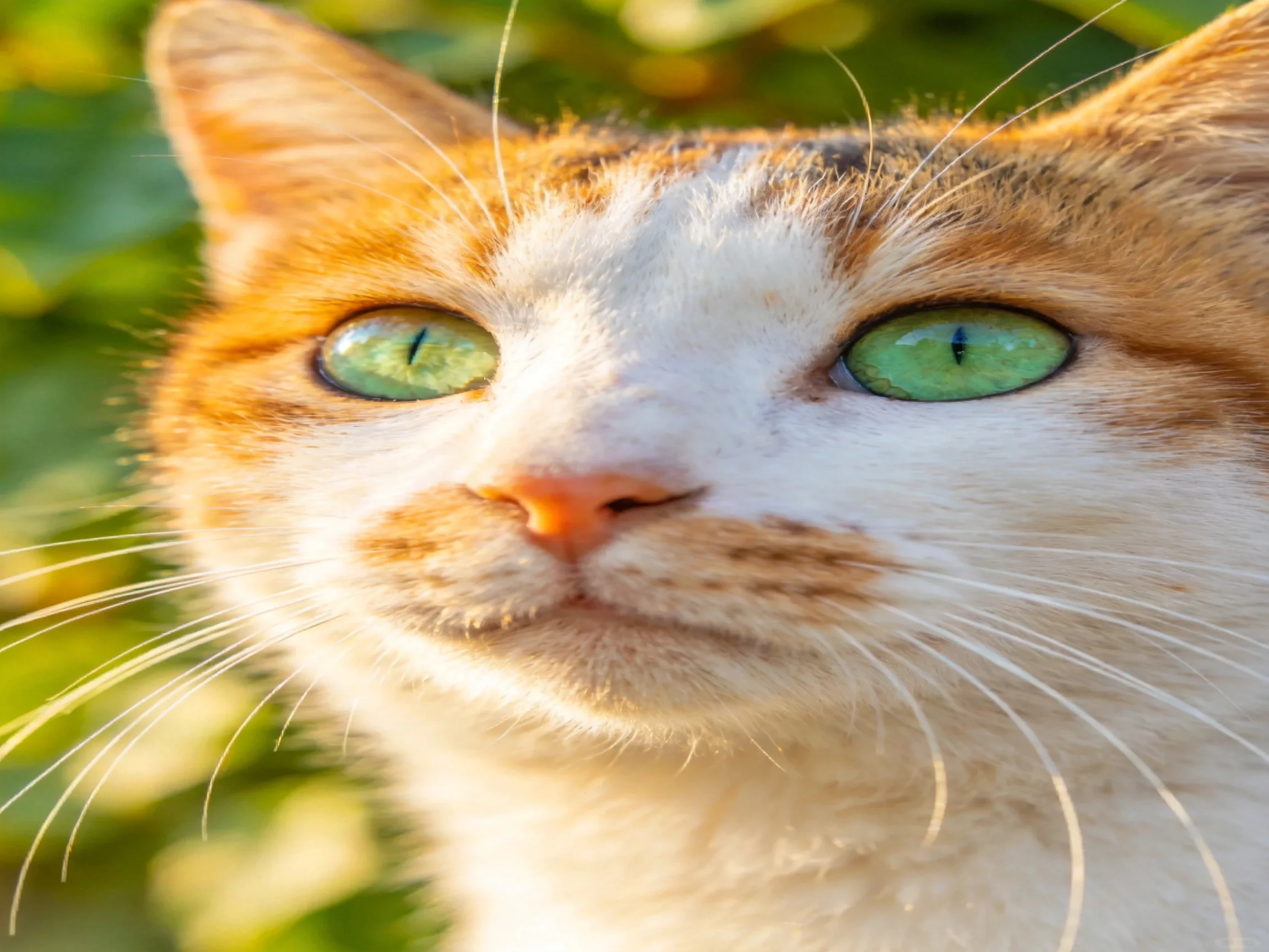 A cat with orange and white fur and green eyes is shown up close near greenery.