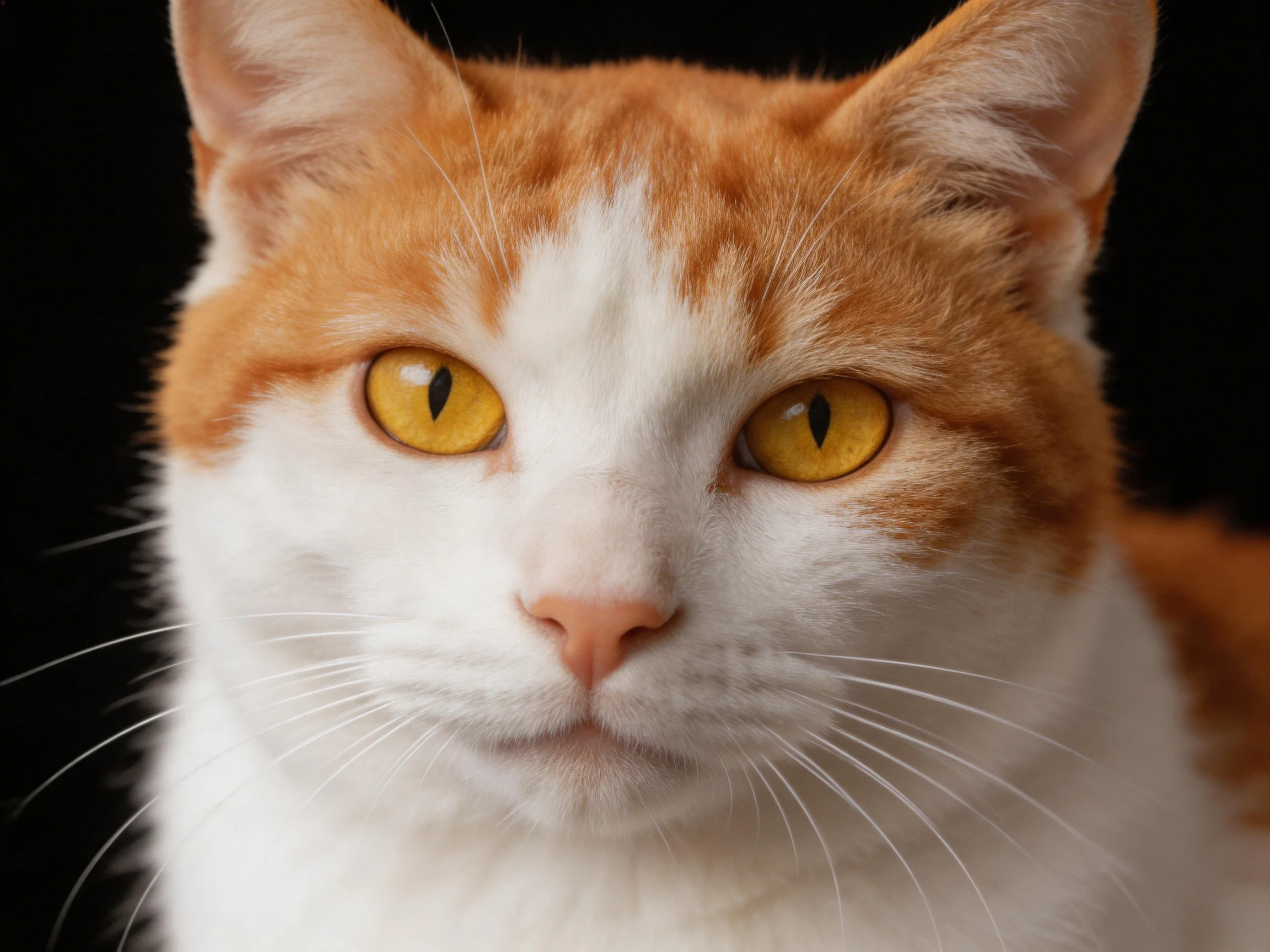A close - up shows an orange and white cat with vivid yellow eyes.