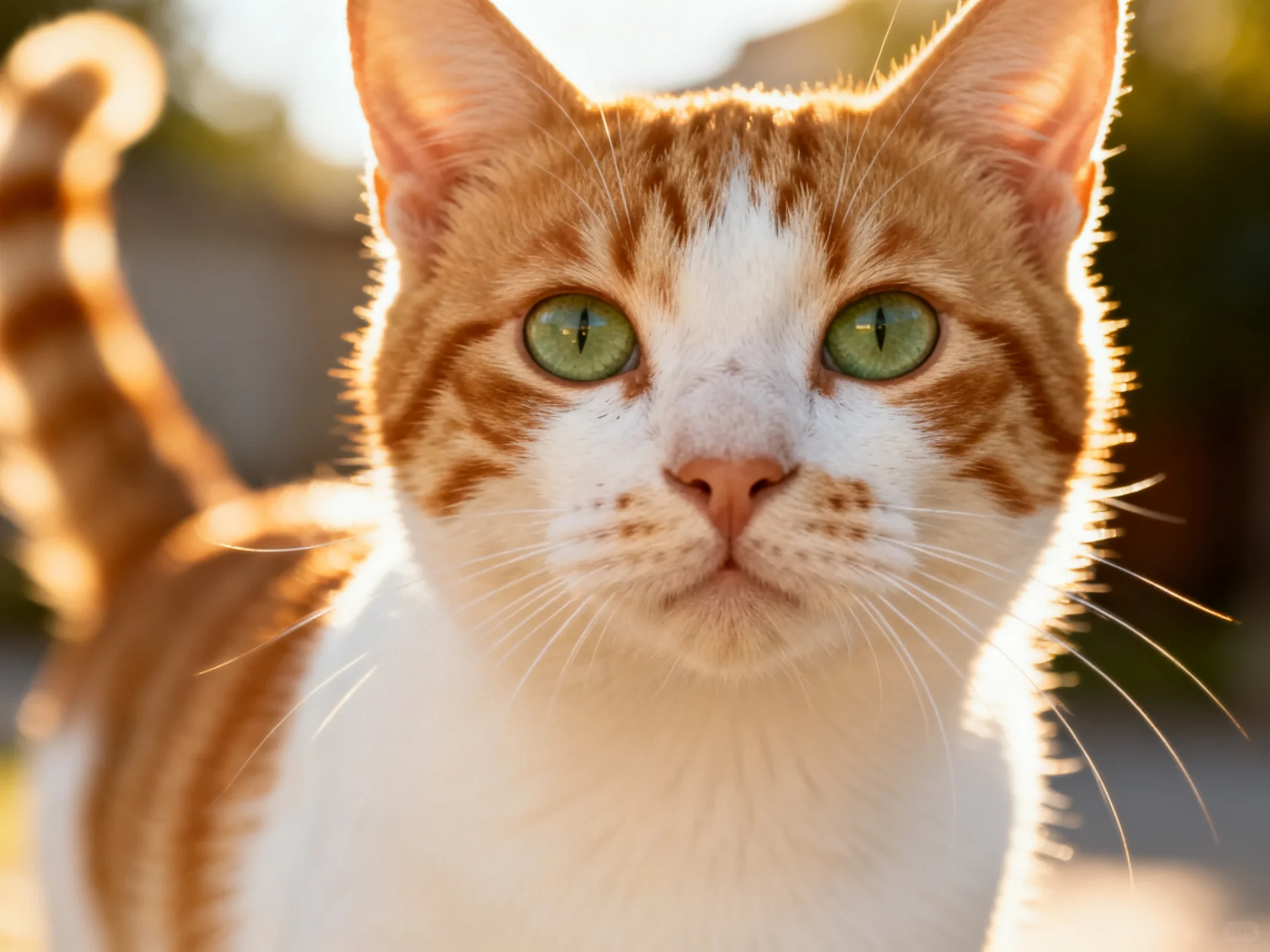 A close - up of an orange and white cat with green eyes gazes directly at the camera.