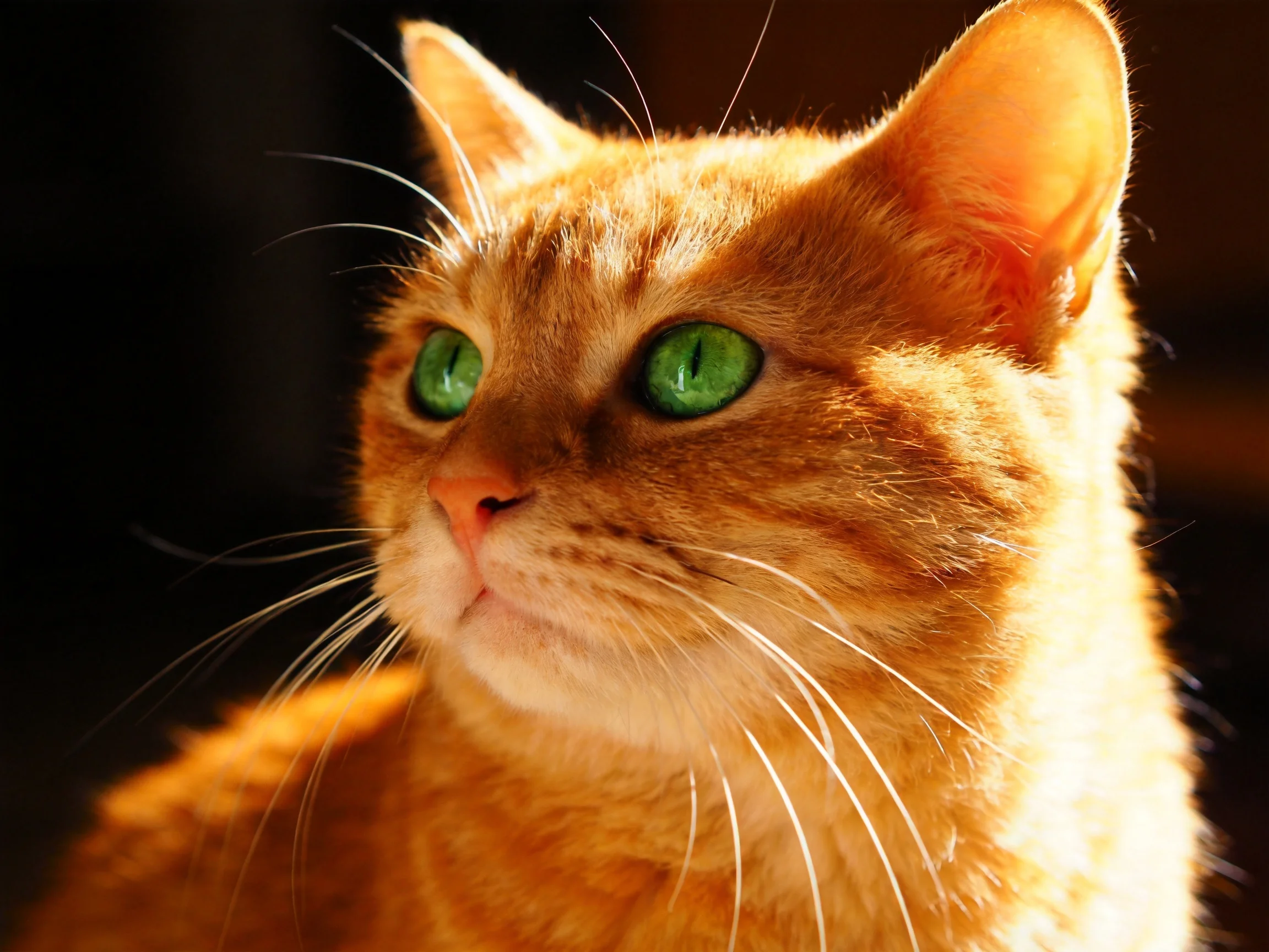 An orange cat with bright green eyes is shown against a dark backdrop.