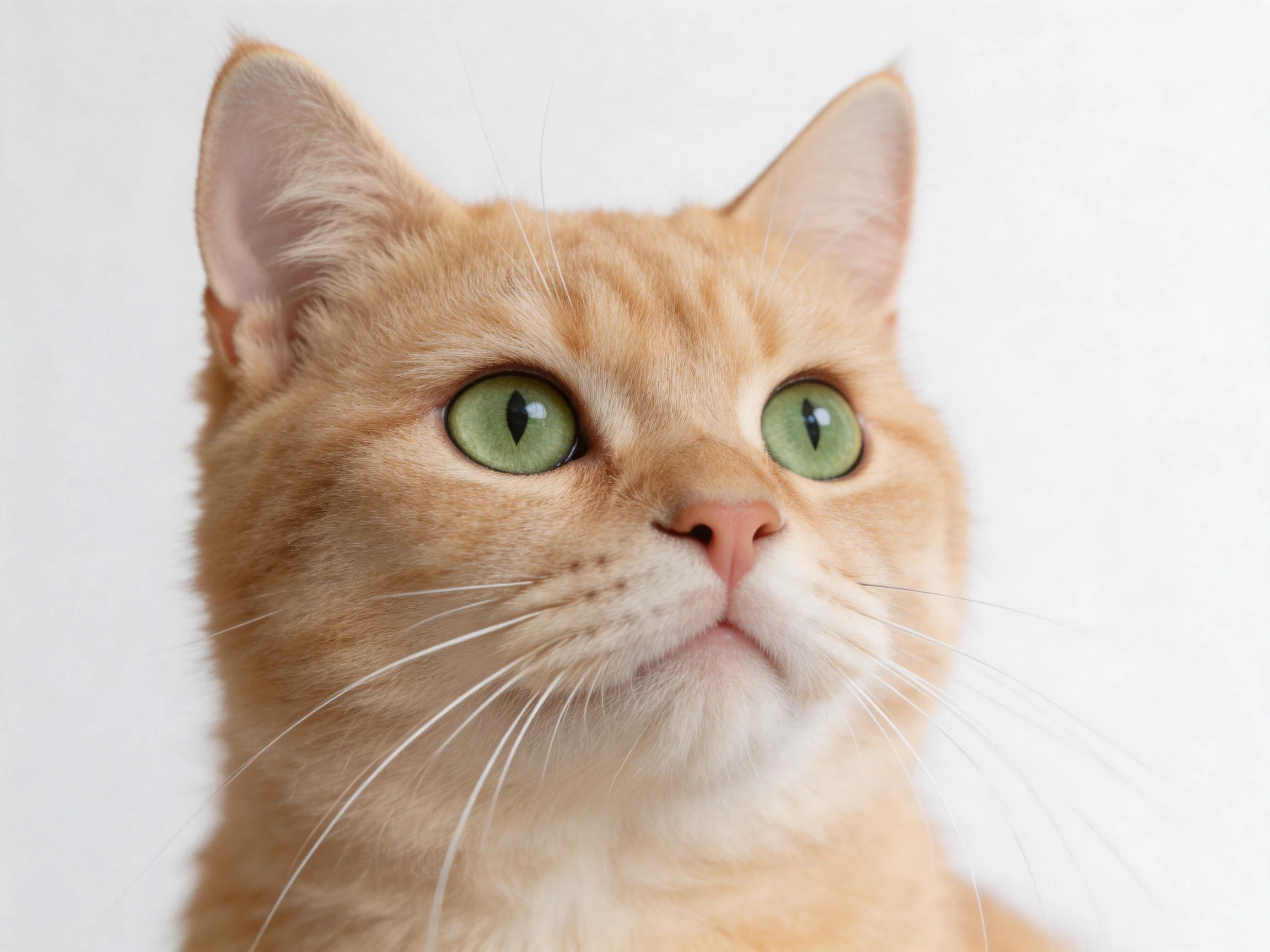 An orange cat with green eyes gazes upward on a plain white background