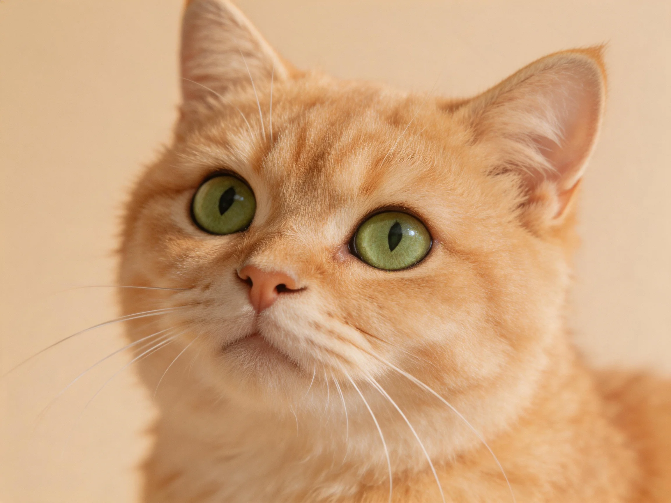 An orange cat with large green eyes gazes upward.