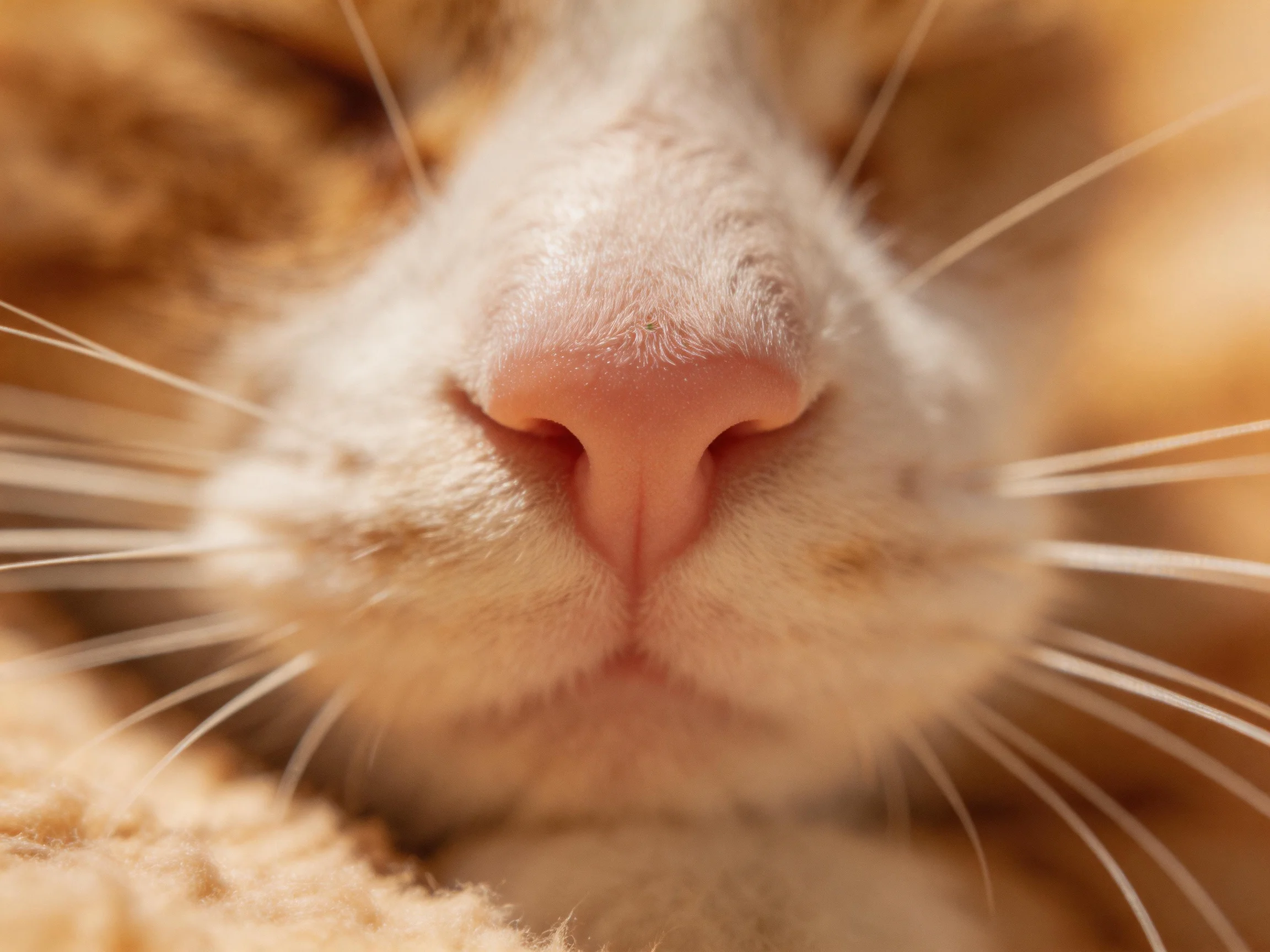 A close - up of an orange cat’s pink nose with prominent whiskers