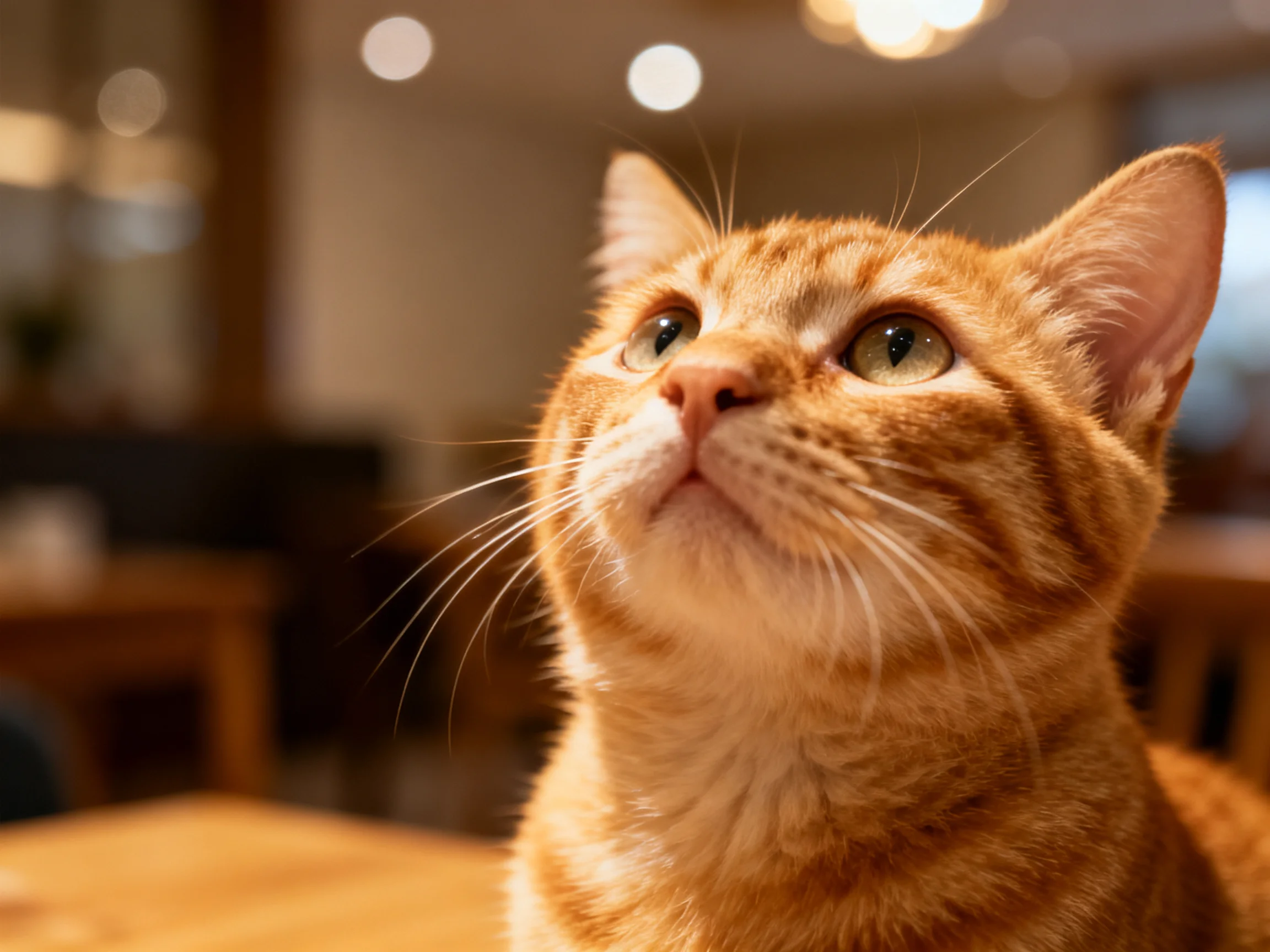A close - up of an orange tabby cat gazing upward in a warmly lit interior