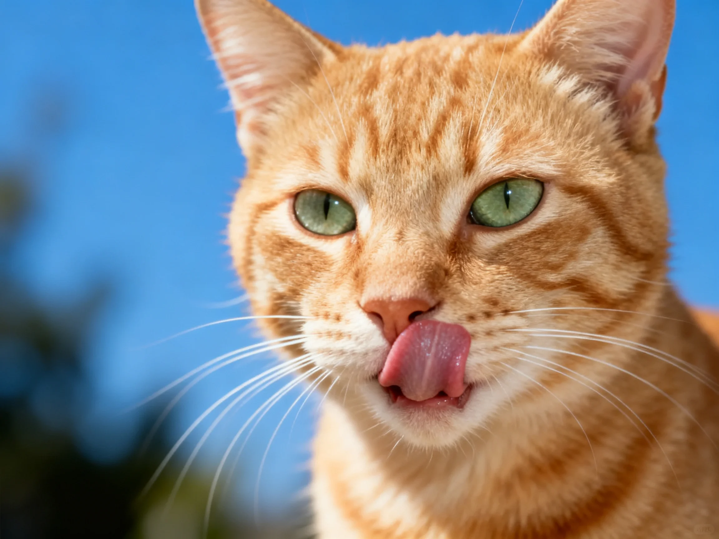 A close - up of an orange tabby cat licking its nose under a clear blue sky