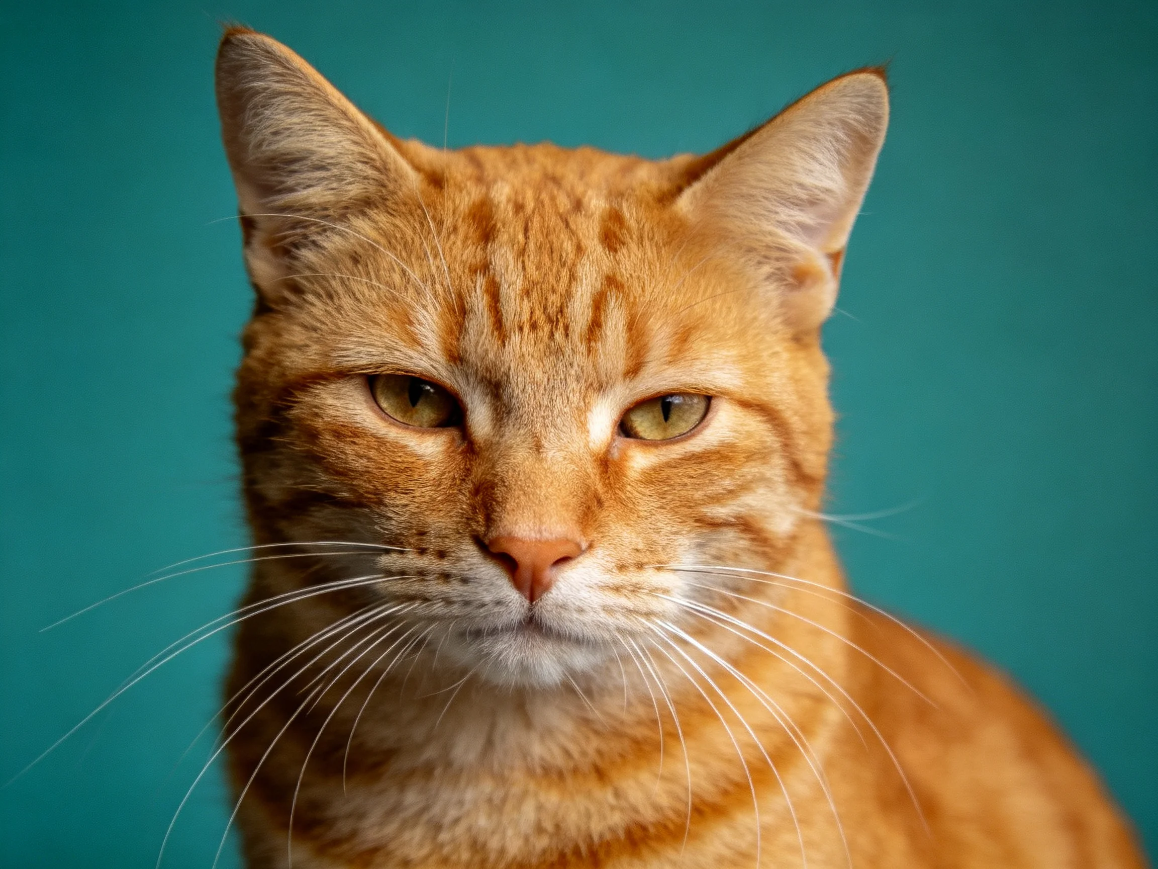 An orange tabby cat is shown up close with a solid teal background.
