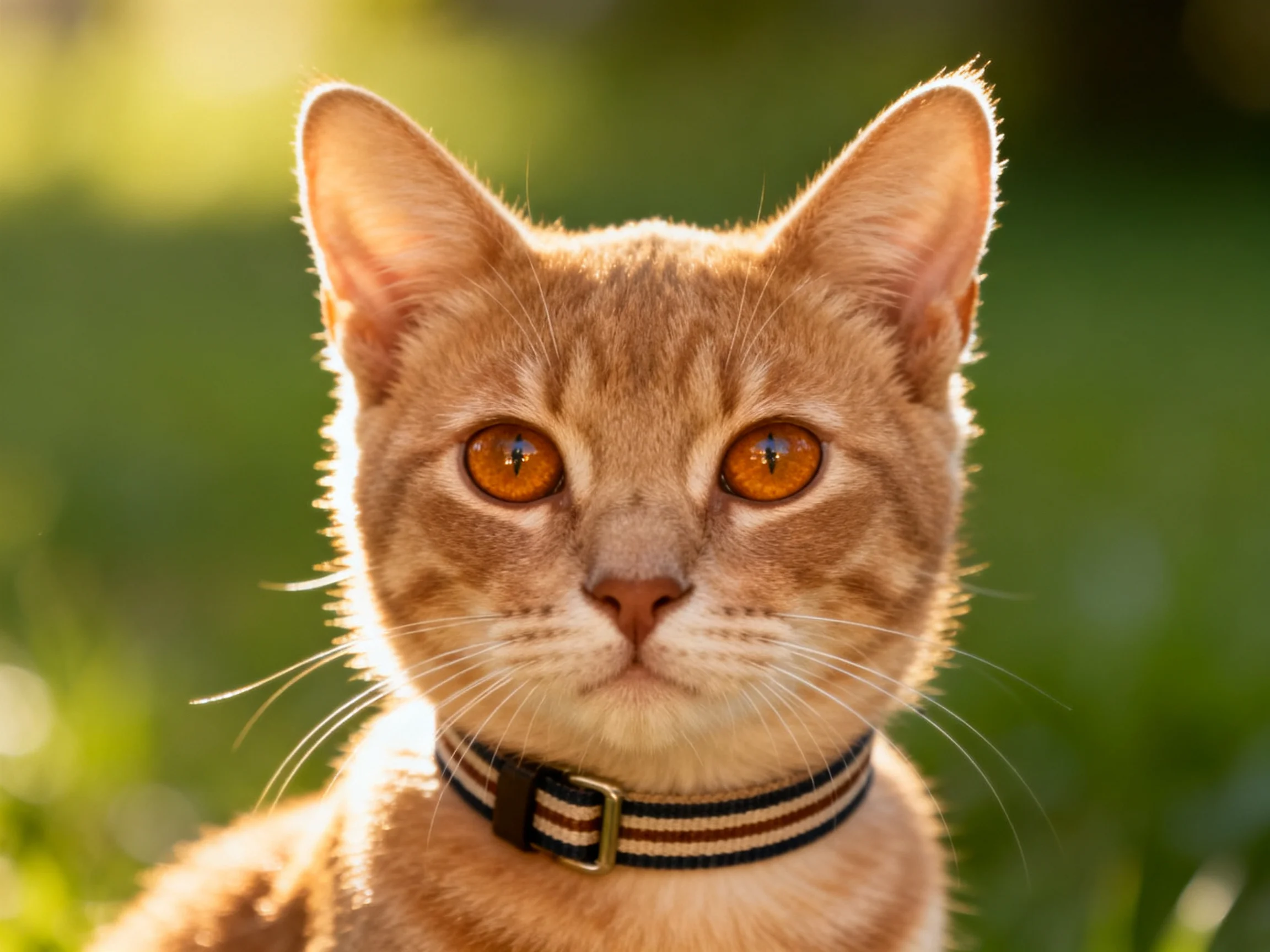 An orange tabby cat with a striped collar is shown in a sunlit outdoor setting.