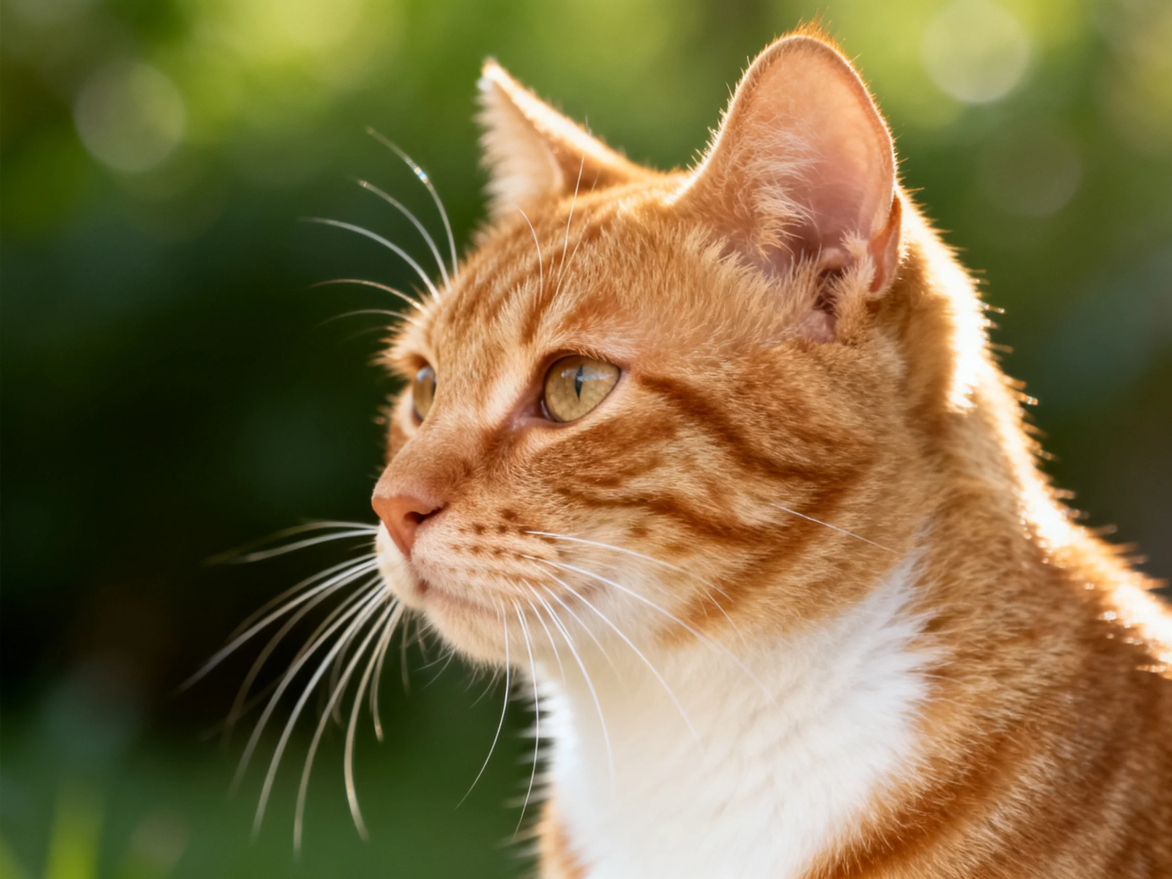 A close - up of an orange tabby cat with a white chest gazes outdoors